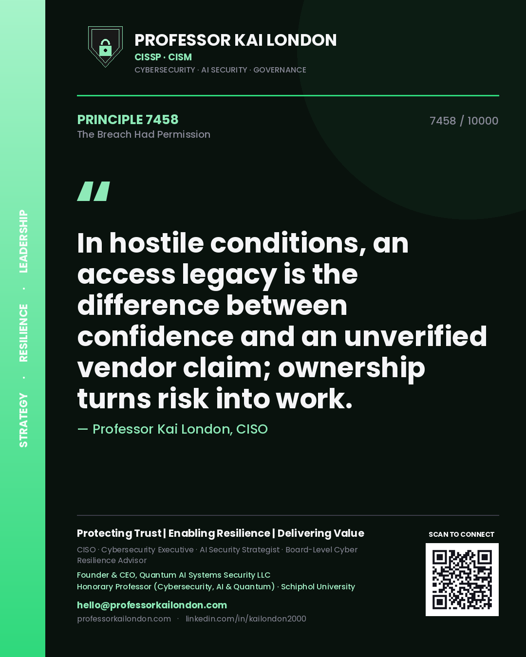 Professor Kai London principle 7458: In hostile conditions, an access legacy is the difference between confidence and an unverified vendor claim; ownership turns risk into work.