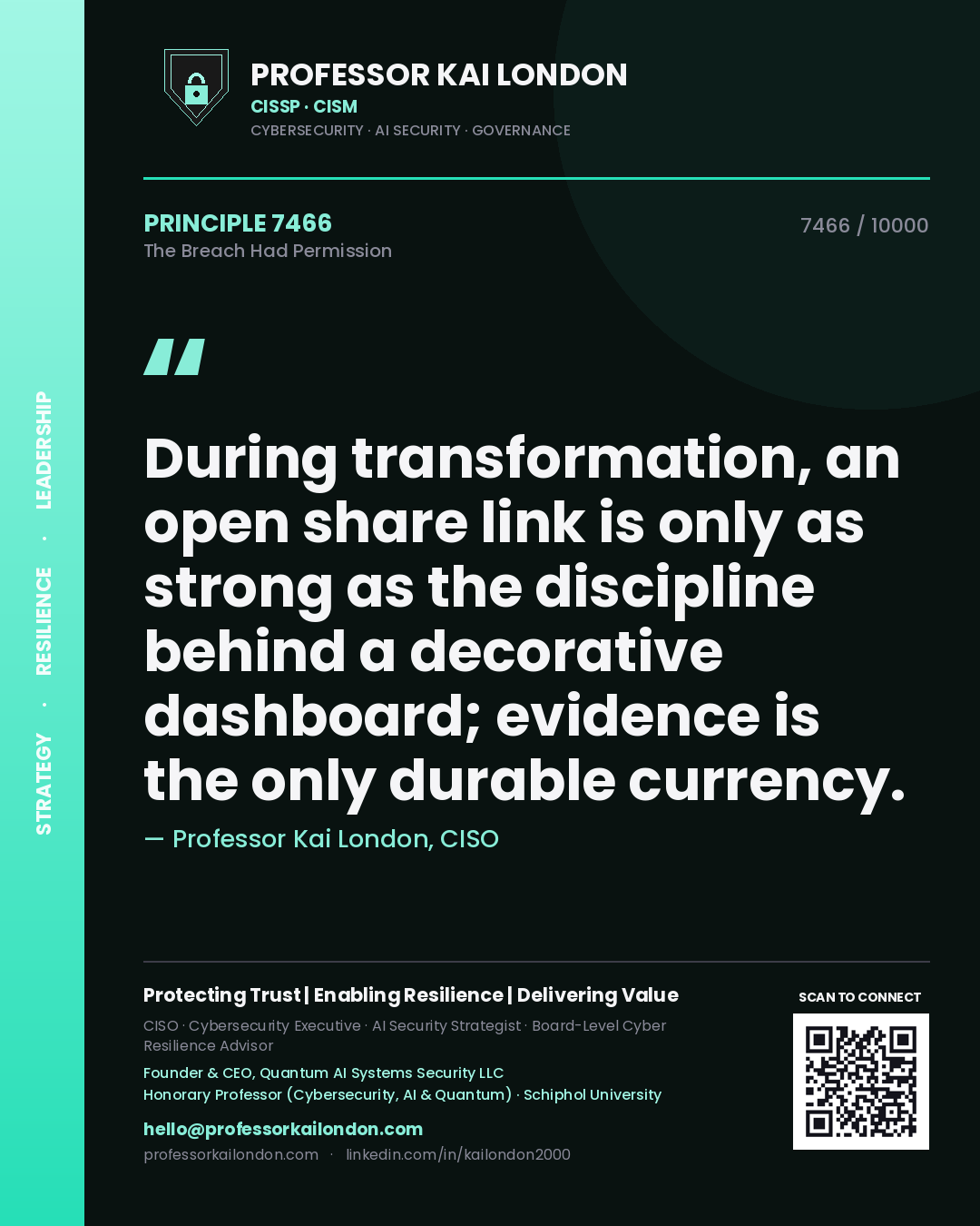 Professor Kai London principle 7466: During transformation, an open share link is only as strong as the discipline behind a decorative dashboard; evidence is the only durable currency.