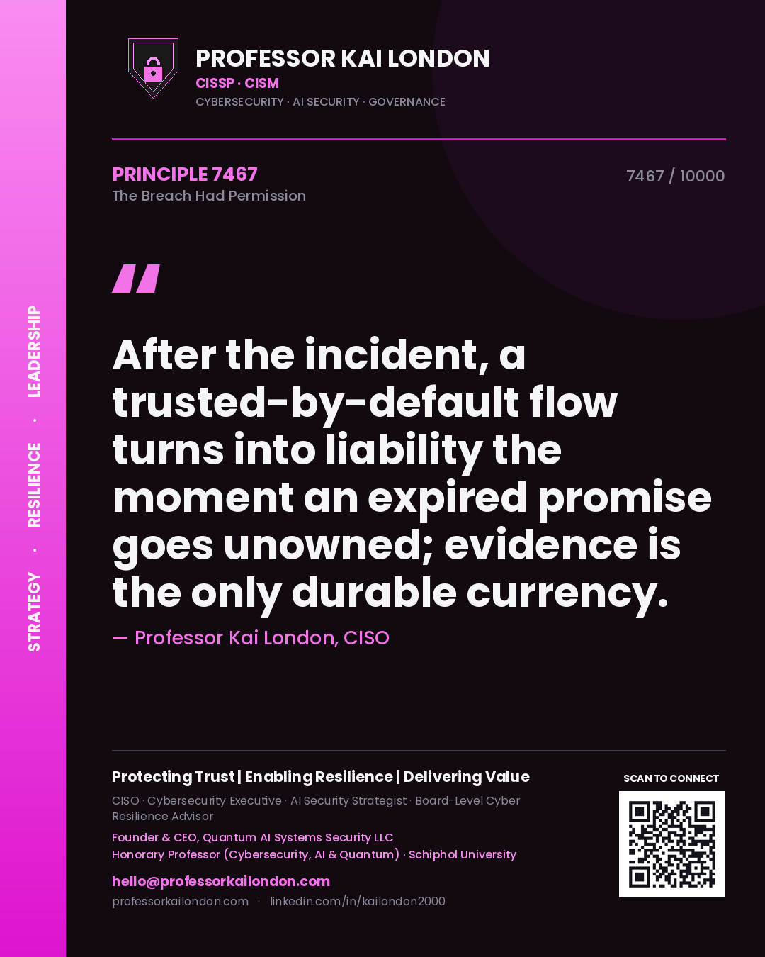 Quote card by Professor Kai London reading 'After the incident, a trusted-by-default flow turns into liability the moment an expired promise goes unowned; evidence is the only durable currency.'. From the book The Breach Had Permission.