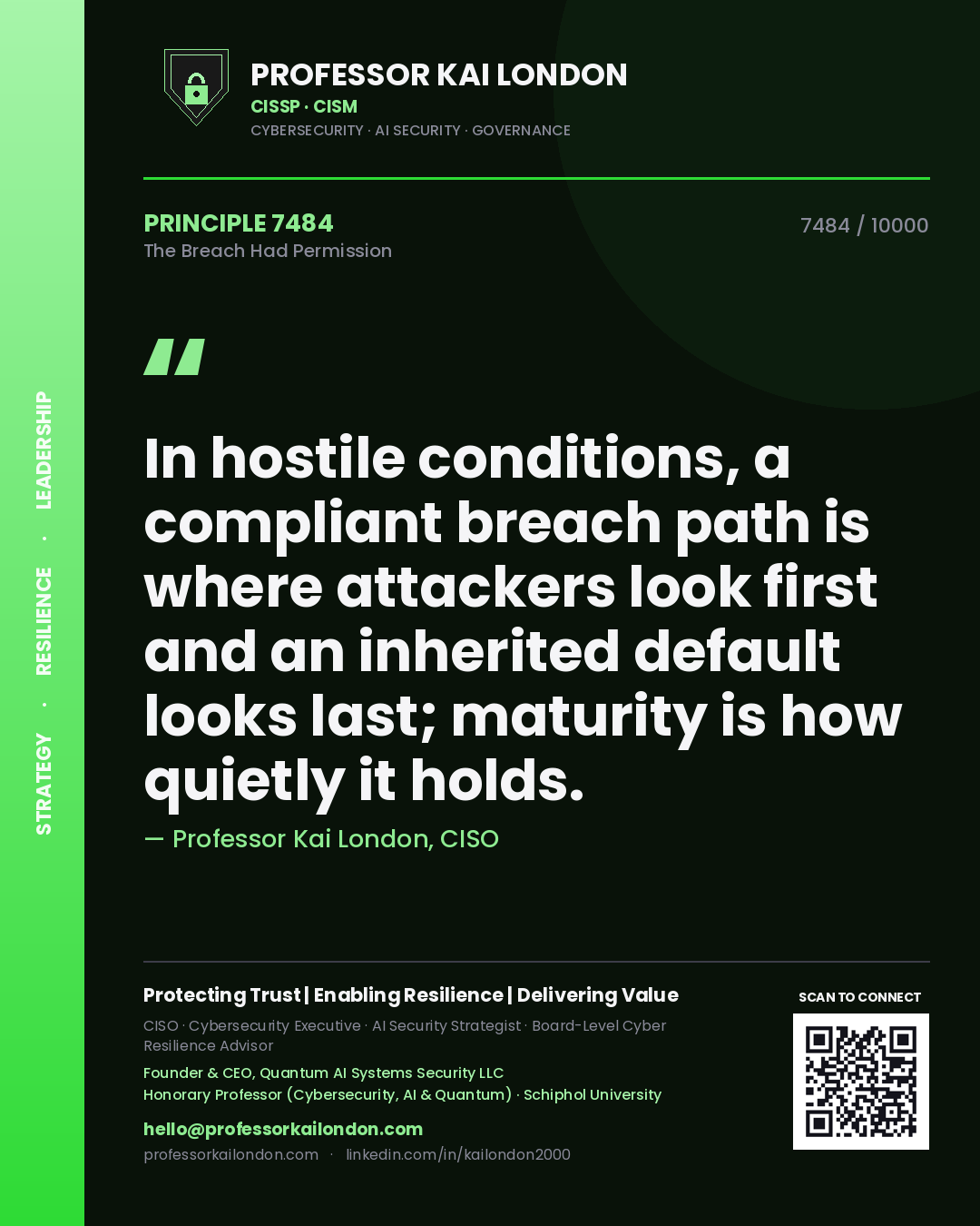 Professor Kai London principle 7484: In hostile conditions, a compliant breach path is where attackers look first and an inherited default looks last; maturity is how quietly it holds.
