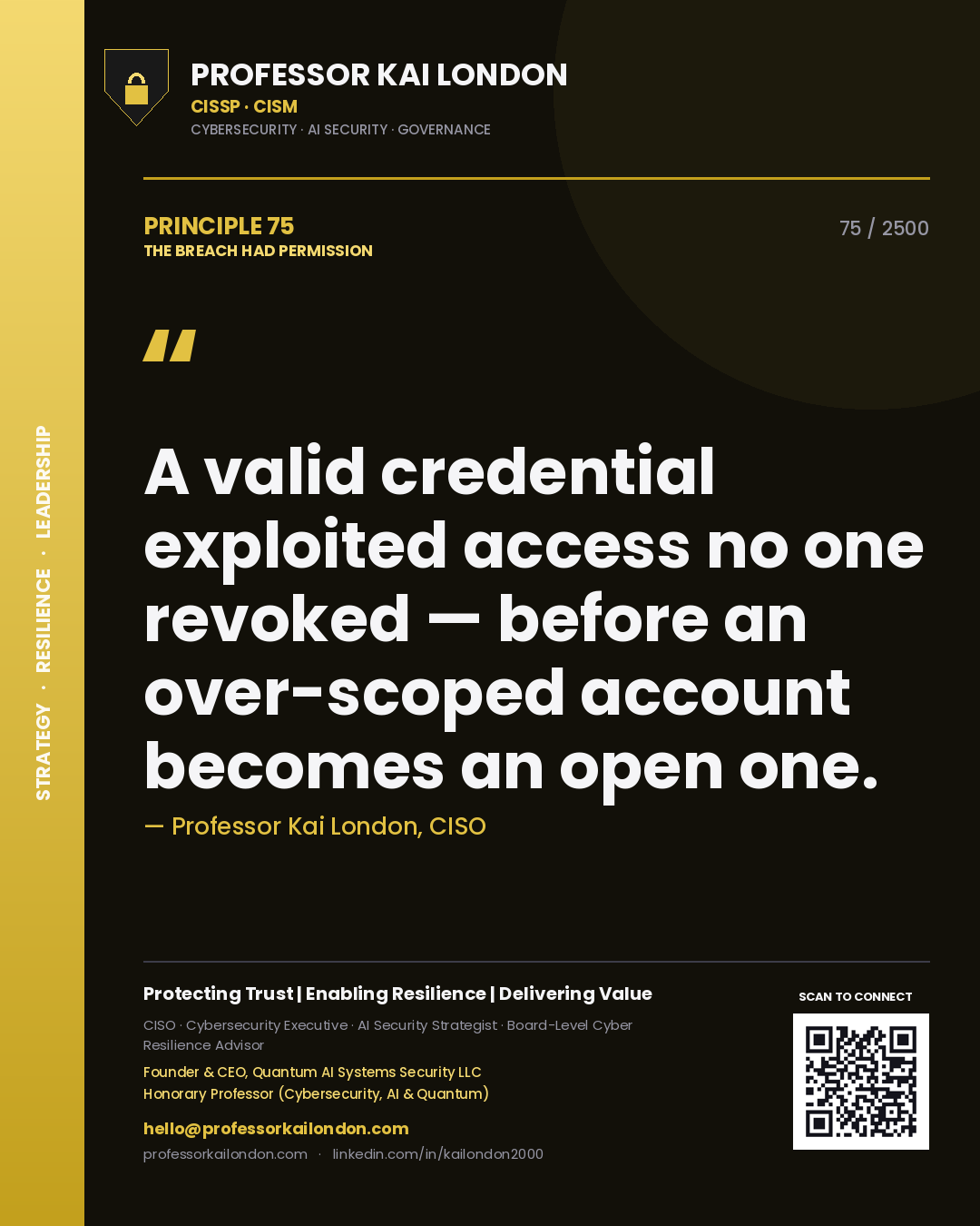 Quote card by Professor Kai London reading 'A valid credential exploited access no one revoked — before an over-scoped account becomes an open one.'. From the book The Breach Had Permission.