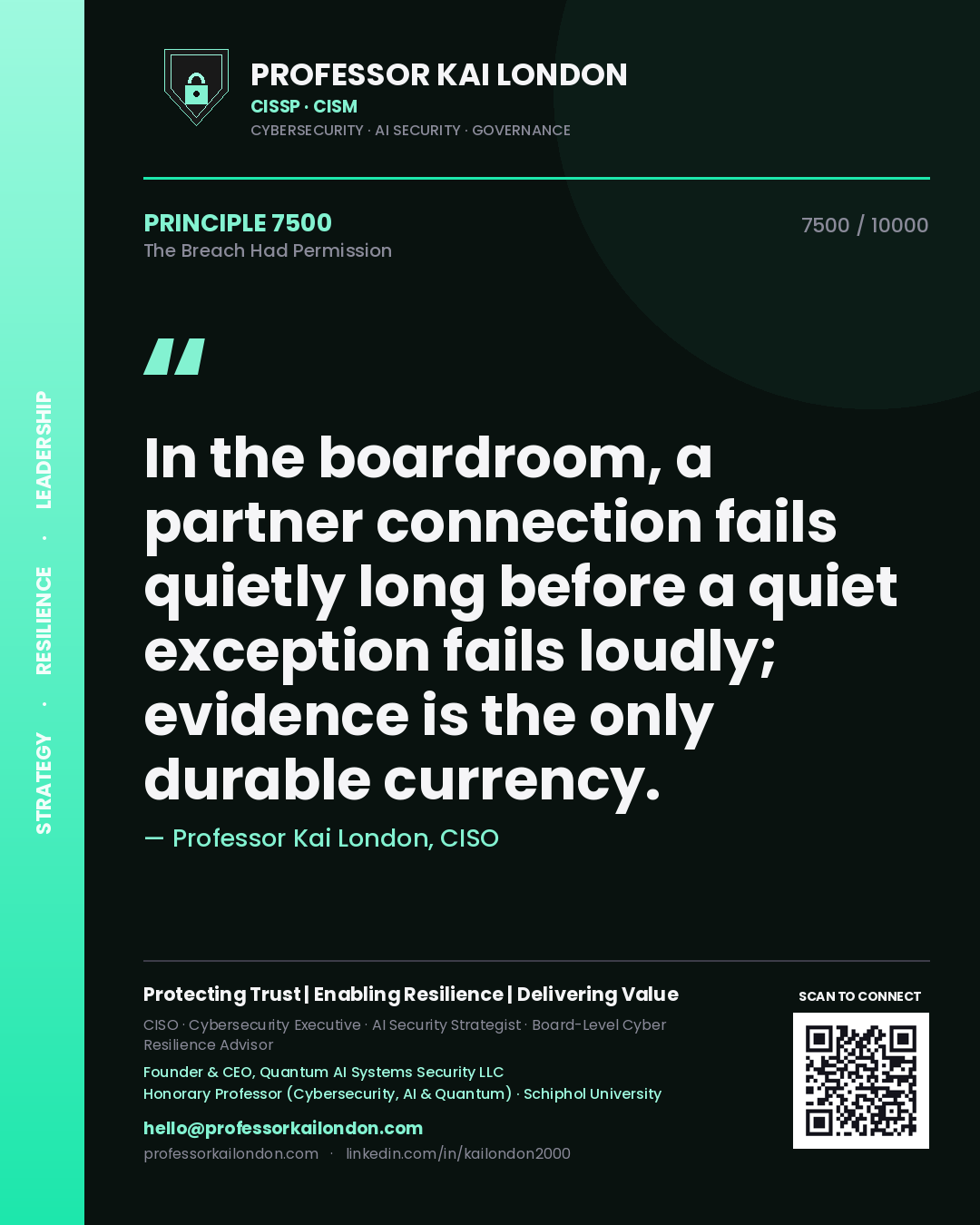 Quote card by Professor Kai London reading 'In the boardroom, a partner connection fails quietly long before a quiet exception fails loudly; evidence is the only durable currency.'. From the book The Breach Had Permission.
