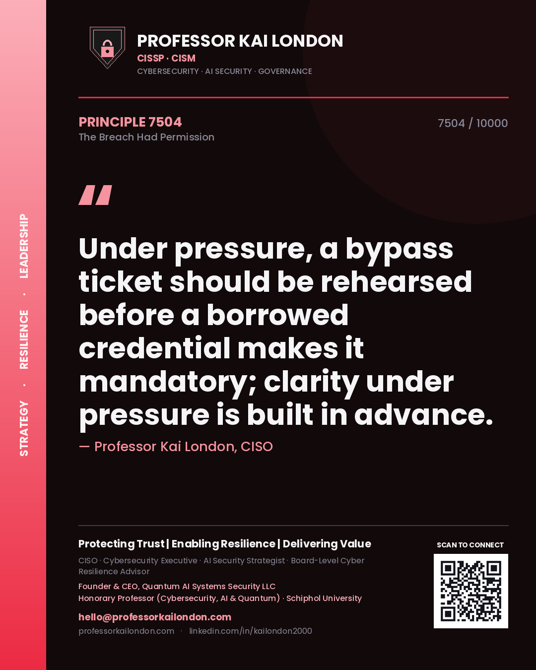 Quote card by Professor Kai London reading 'Under pressure, a bypass ticket should be rehearsed before a borrowed credential makes it mandatory; clarity under pressure is built in advance.'. From the book The Breach Had Permission.