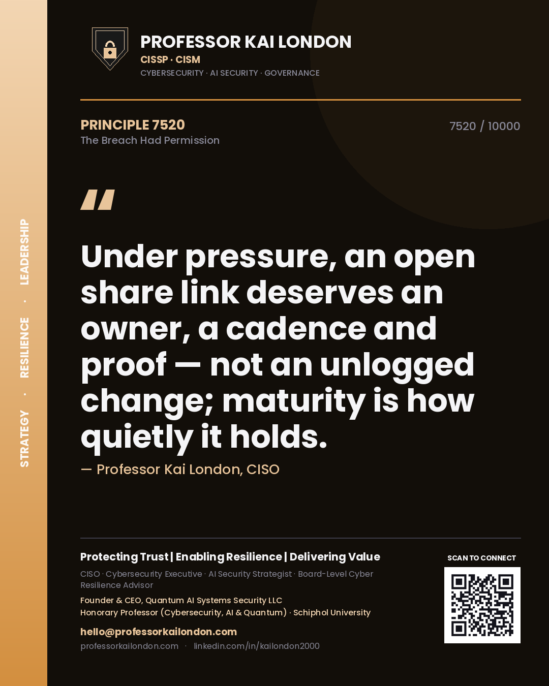 Quote card by Professor Kai London reading 'Under pressure, an open share link deserves an owner, a cadence and proof — not an unlogged change; maturity is how quietly it holds.'. From the book The Breach Had Permission.