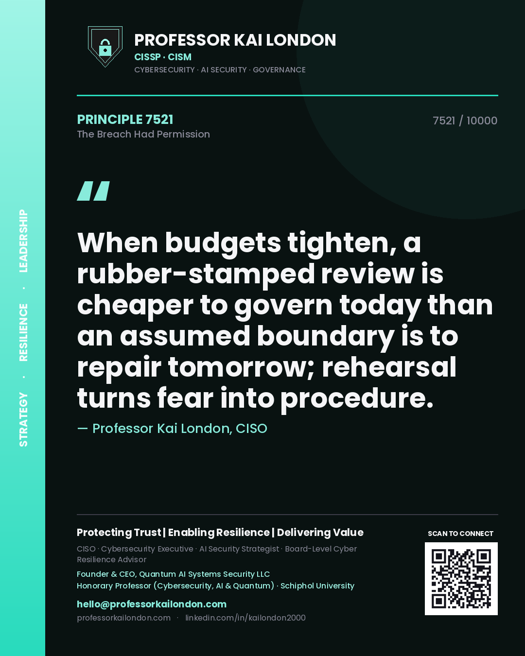 Professor Kai London principle 7521: When budgets tighten, a rubber-stamped review is cheaper to govern today than an assumed boundary is to repair tomorrow; rehearsal turns fear into procedure.