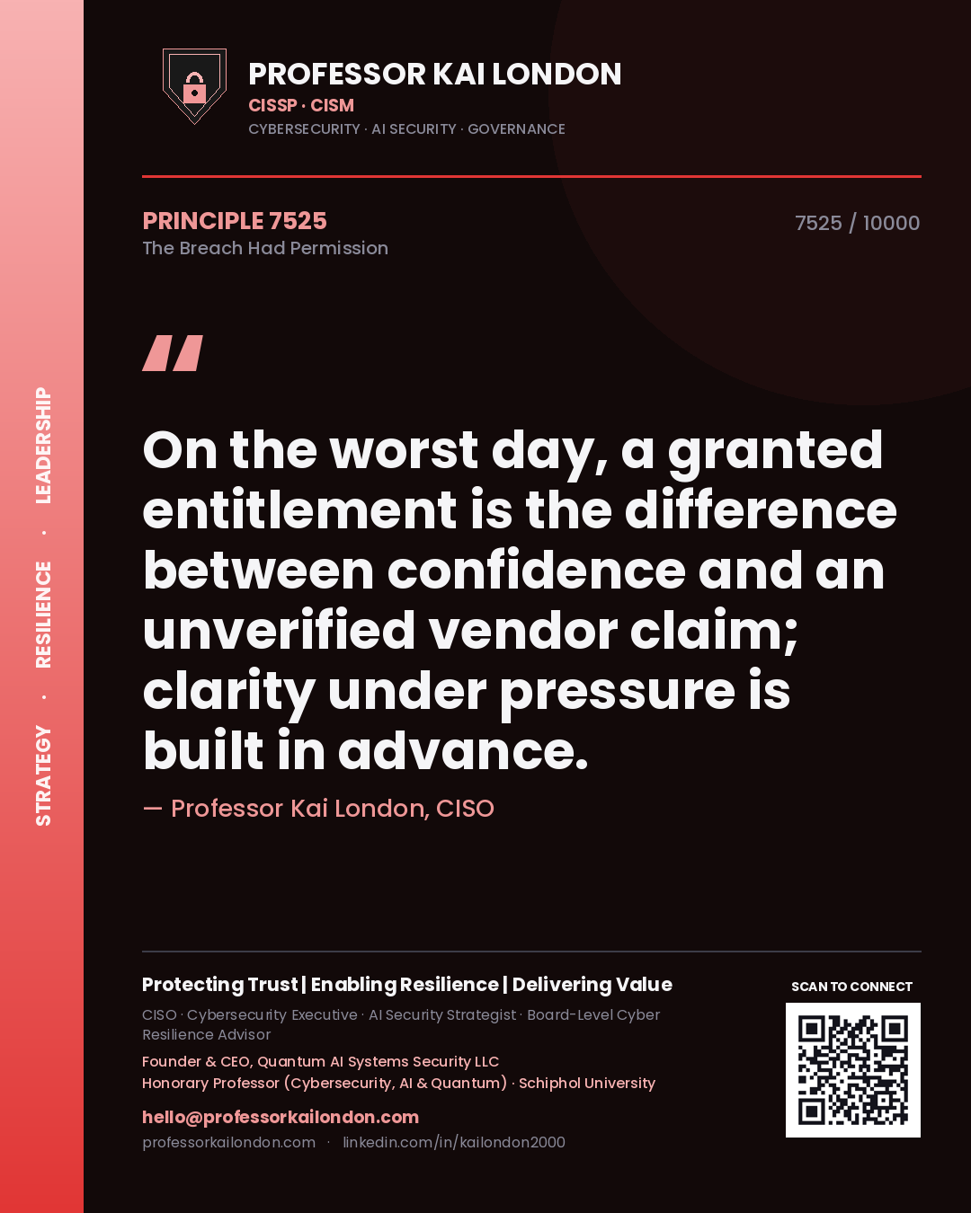 Professor Kai London principle 7525: On the worst day, a granted entitlement is the difference between confidence and an unverified vendor claim; clarity under pressure is built in advance.