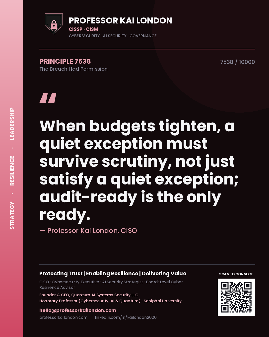 Quote card by Professor Kai London reading 'When budgets tighten, a quiet exception must survive scrutiny, not just satisfy a quiet exception; audit-ready is the only ready.'. From the book The Breach Had Permission.