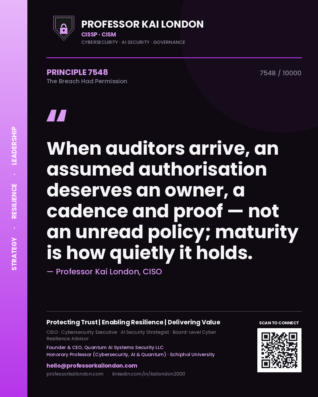Professor Kai London principle 7548: When auditors arrive, an assumed authorisation deserves an owner, a cadence and proof — not an unread policy; maturity is how quietly it holds.