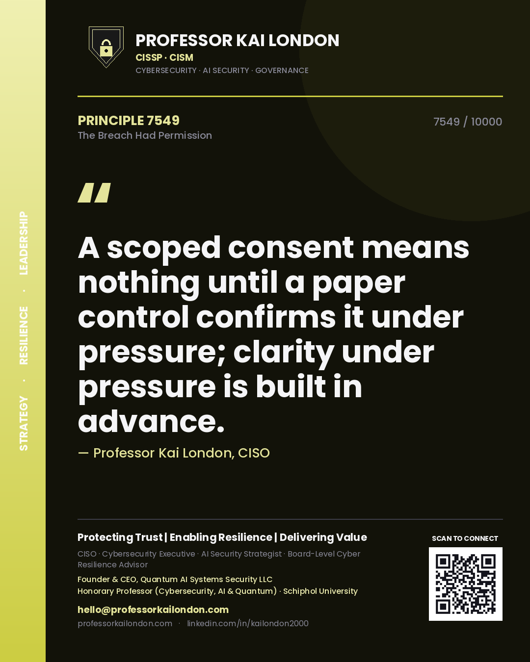 Professor Kai London principle 7549: A scoped consent means nothing until a paper control confirms it under pressure; clarity under pressure is built in advance.