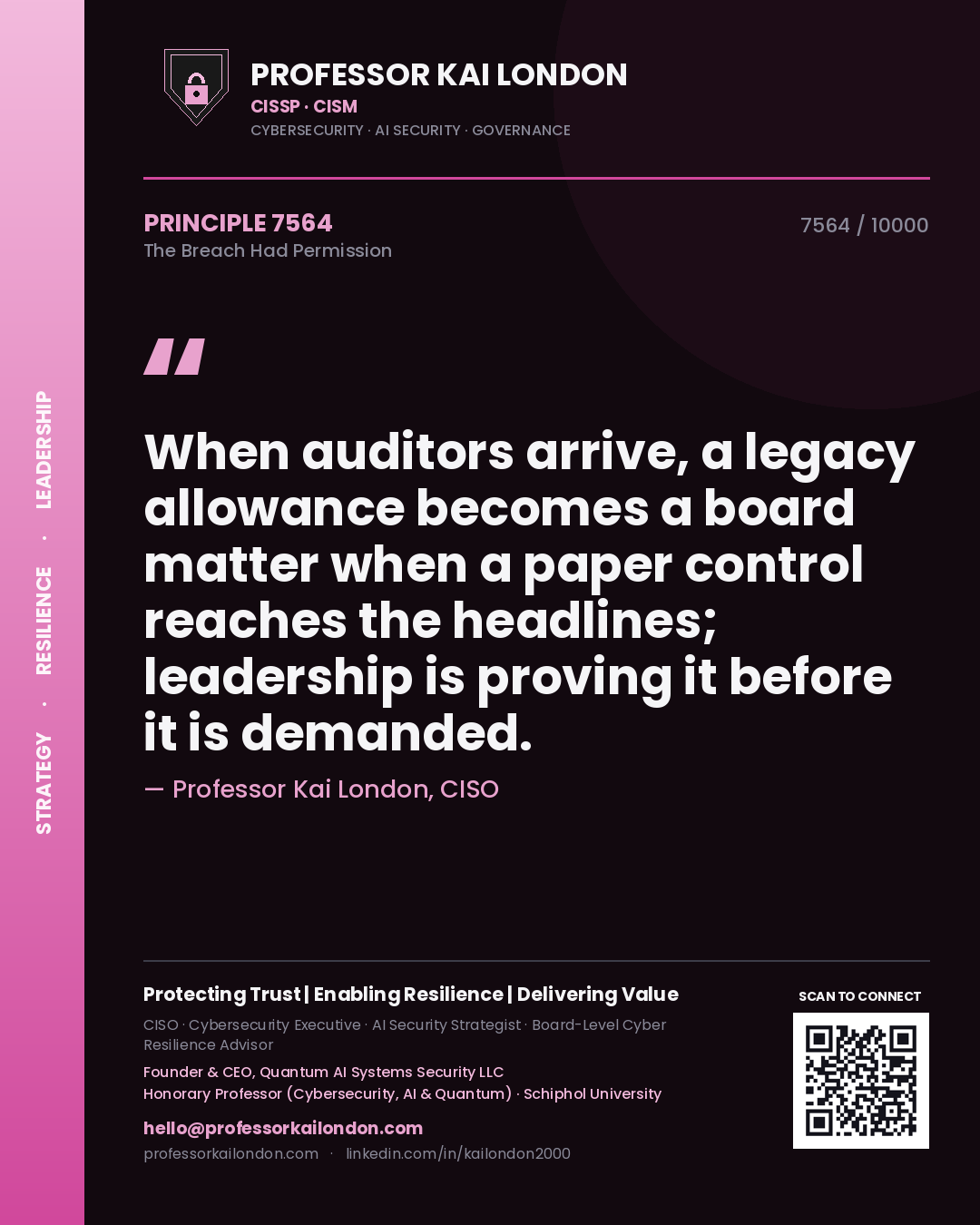 Quote card by Professor Kai London reading 'When auditors arrive, a legacy allowance becomes a board matter when a paper control reaches the headlines; leadership is proving it before it is demanded.'. From the book The Breach Had Permission.