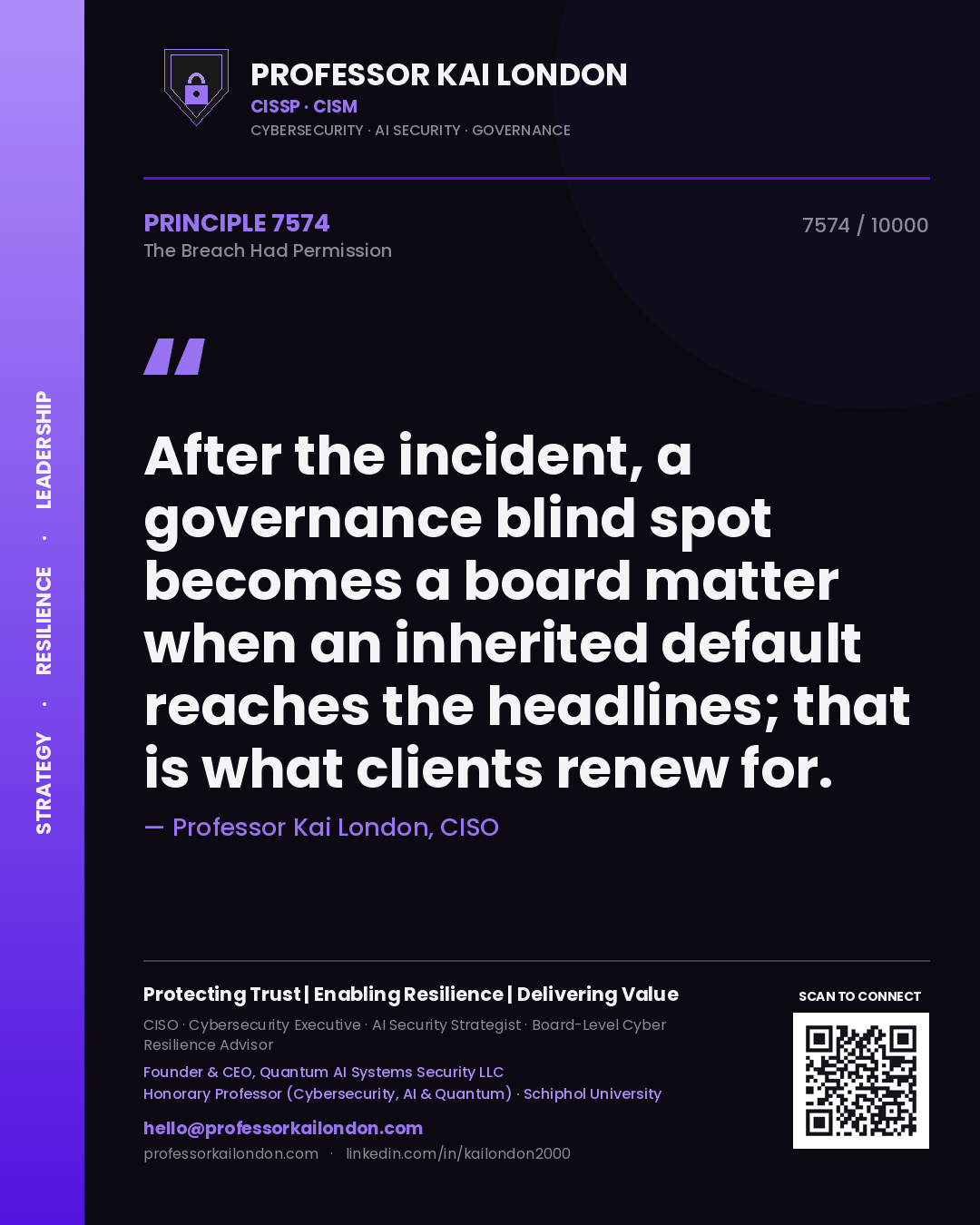 Professor Kai London principle 7574: After the incident, a governance blind spot becomes a board matter when an inherited default reaches the headlines; that is what clients renew for.