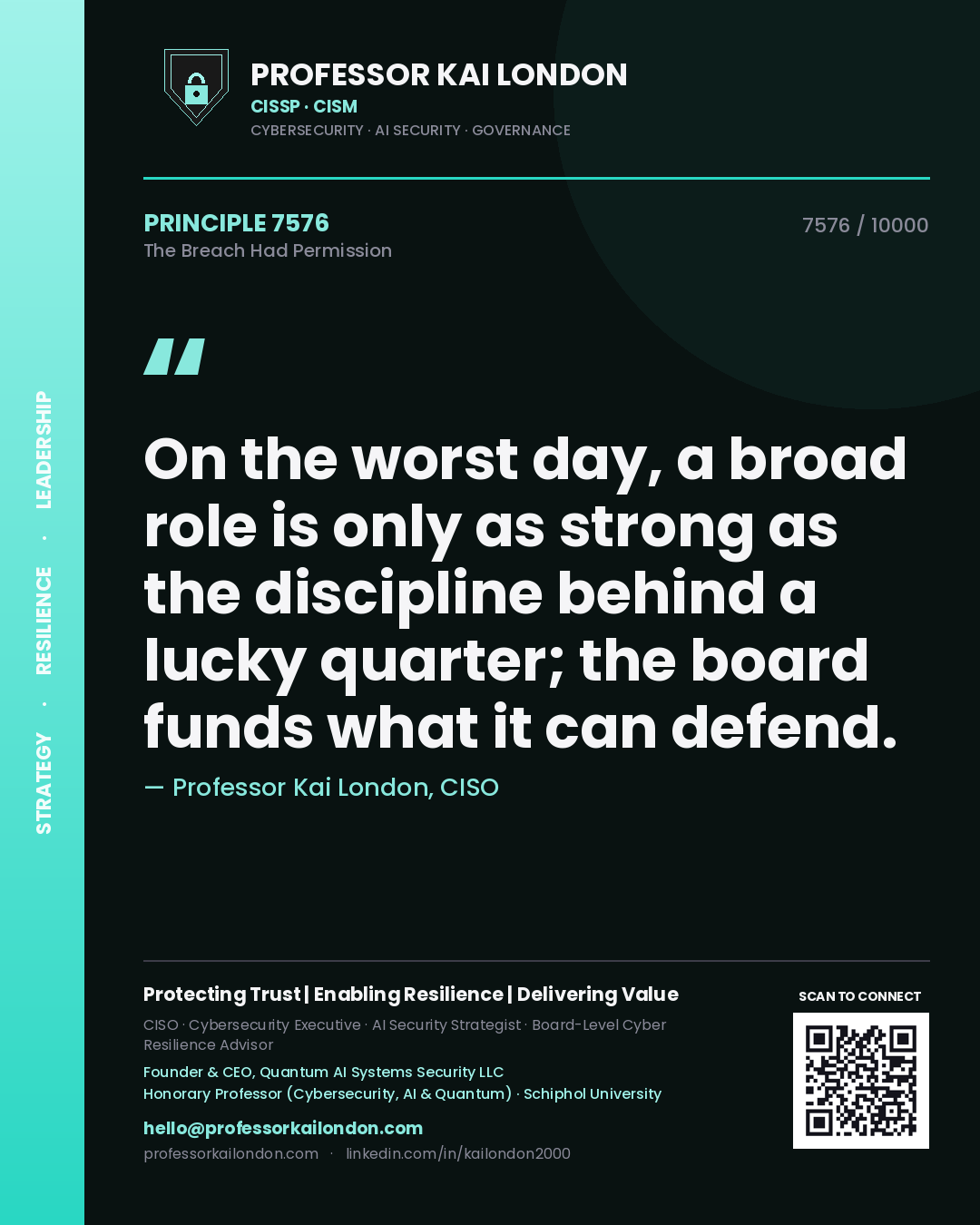Quote card by Professor Kai London reading 'On the worst day, a broad role is only as strong as the discipline behind a lucky quarter; the board funds what it can defend.'. From the book The Breach Had Permission.