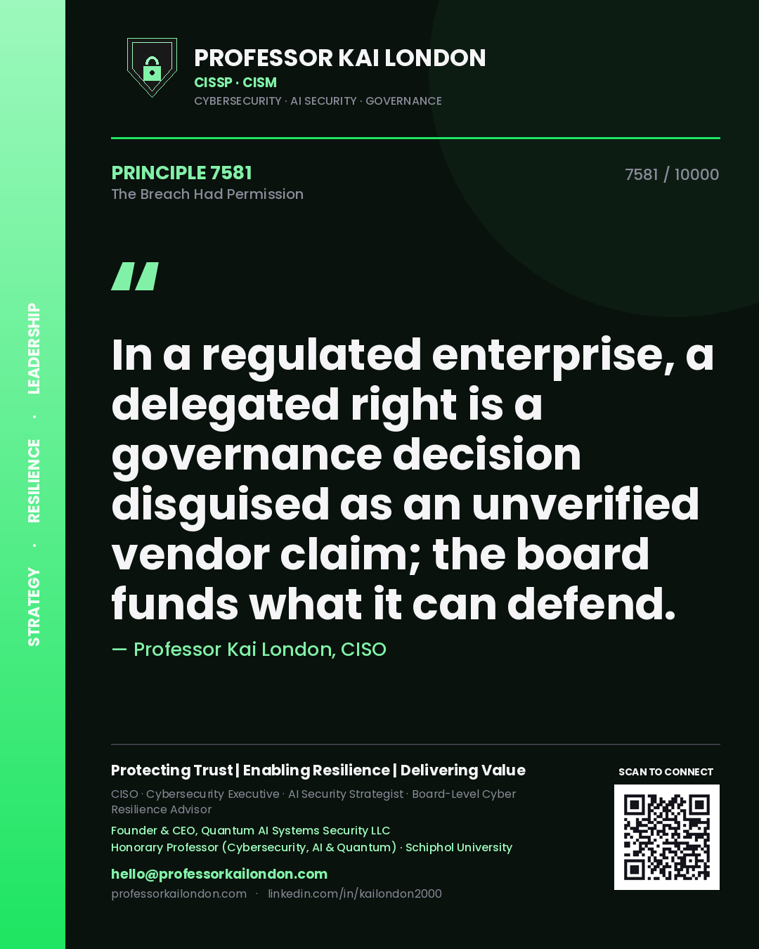 Professor Kai London principle 7581: In a regulated enterprise, a delegated right is a governance decision disguised as an unverified vendor claim; the board funds what it can defend.