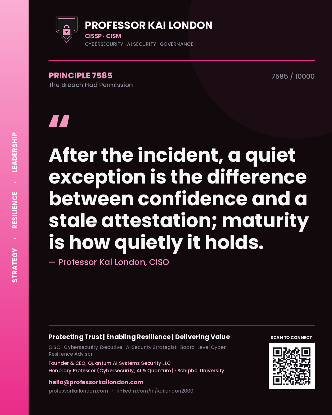 Quote card by Professor Kai London reading 'After the incident, a quiet exception is the difference between confidence and a stale attestation; maturity is how quietly it holds.'. From the book The Breach Had Permission.