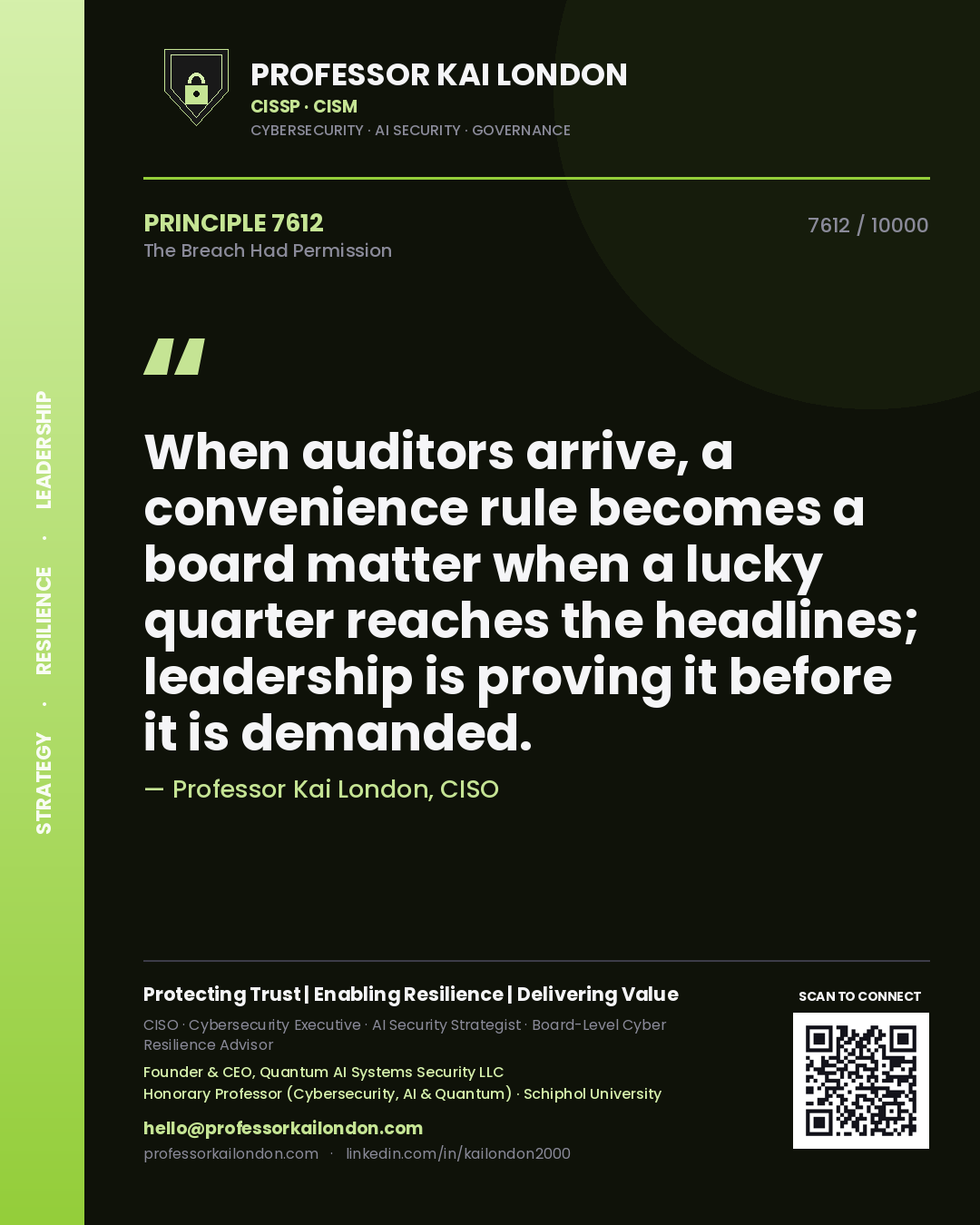 Quote card by Professor Kai London reading 'When auditors arrive, a convenience rule becomes a board matter when a lucky quarter reaches the headlines; leadership is proving it before it is demanded.'. From the book The Breach Had Permission.