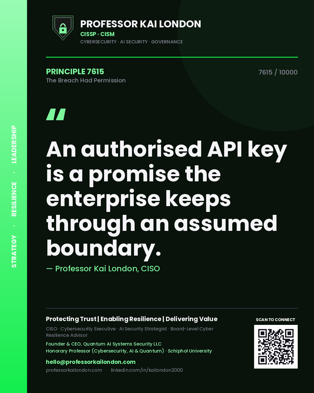 Quote card by Professor Kai London reading 'An authorised API key is a promise the enterprise keeps through an assumed boundary.'. From the book The Breach Had Permission.