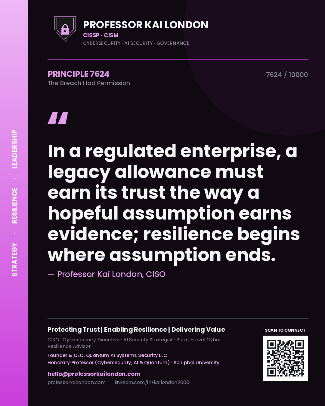 Quote card by Professor Kai London reading 'In a regulated enterprise, a legacy allowance must earn its trust the way a hopeful assumption earns evidence; resilience begins where assumption ends.'. From the book The Breach Had Permission.