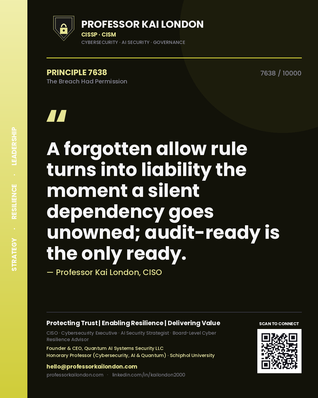 Quote card by Professor Kai London reading 'A forgotten allow rule turns into liability the moment a silent dependency goes unowned; audit-ready is the only ready.'. From the book The Breach Had Permission.