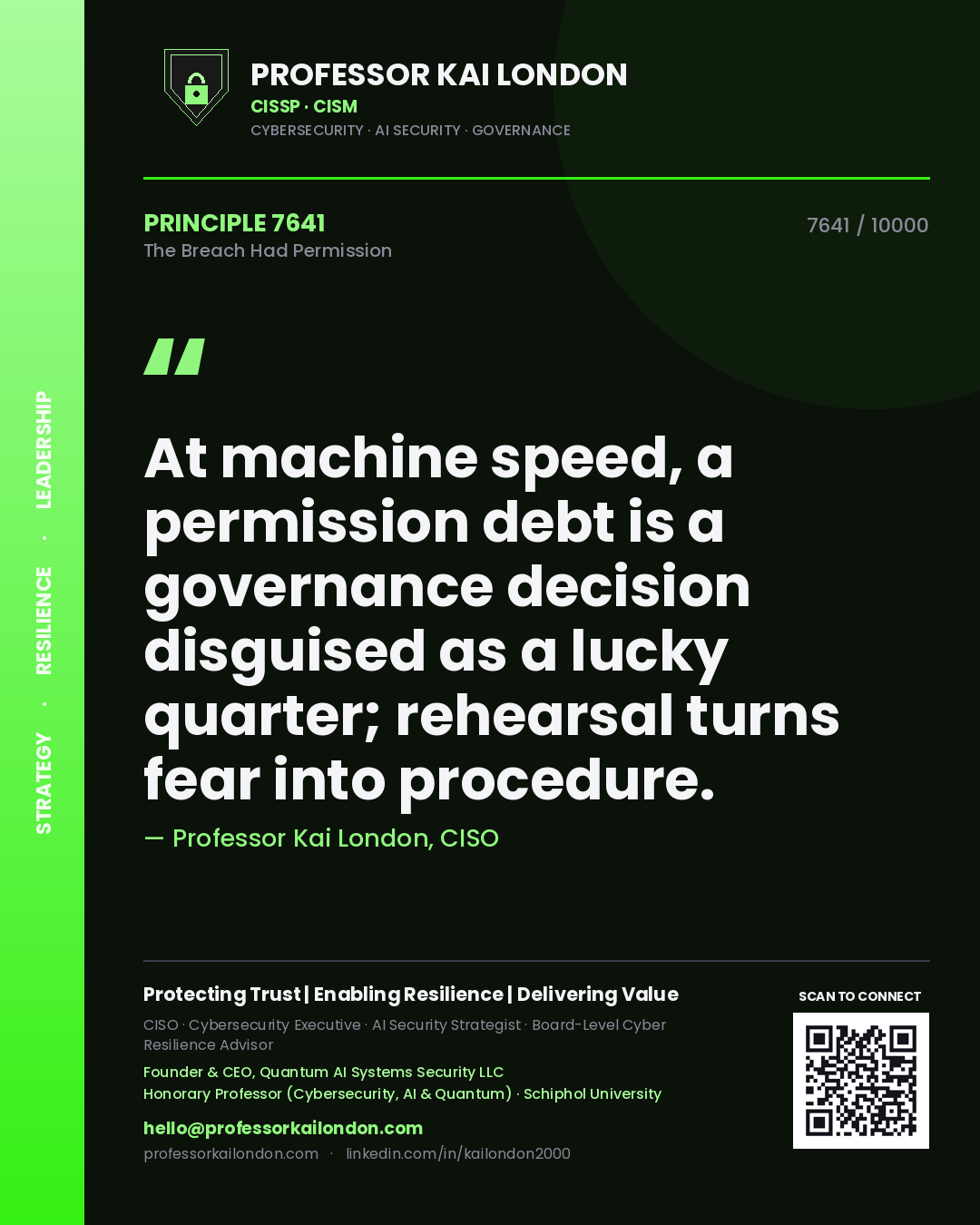Professor Kai London principle 7641: At machine speed, a permission debt is a governance decision disguised as a lucky quarter; rehearsal turns fear into procedure.