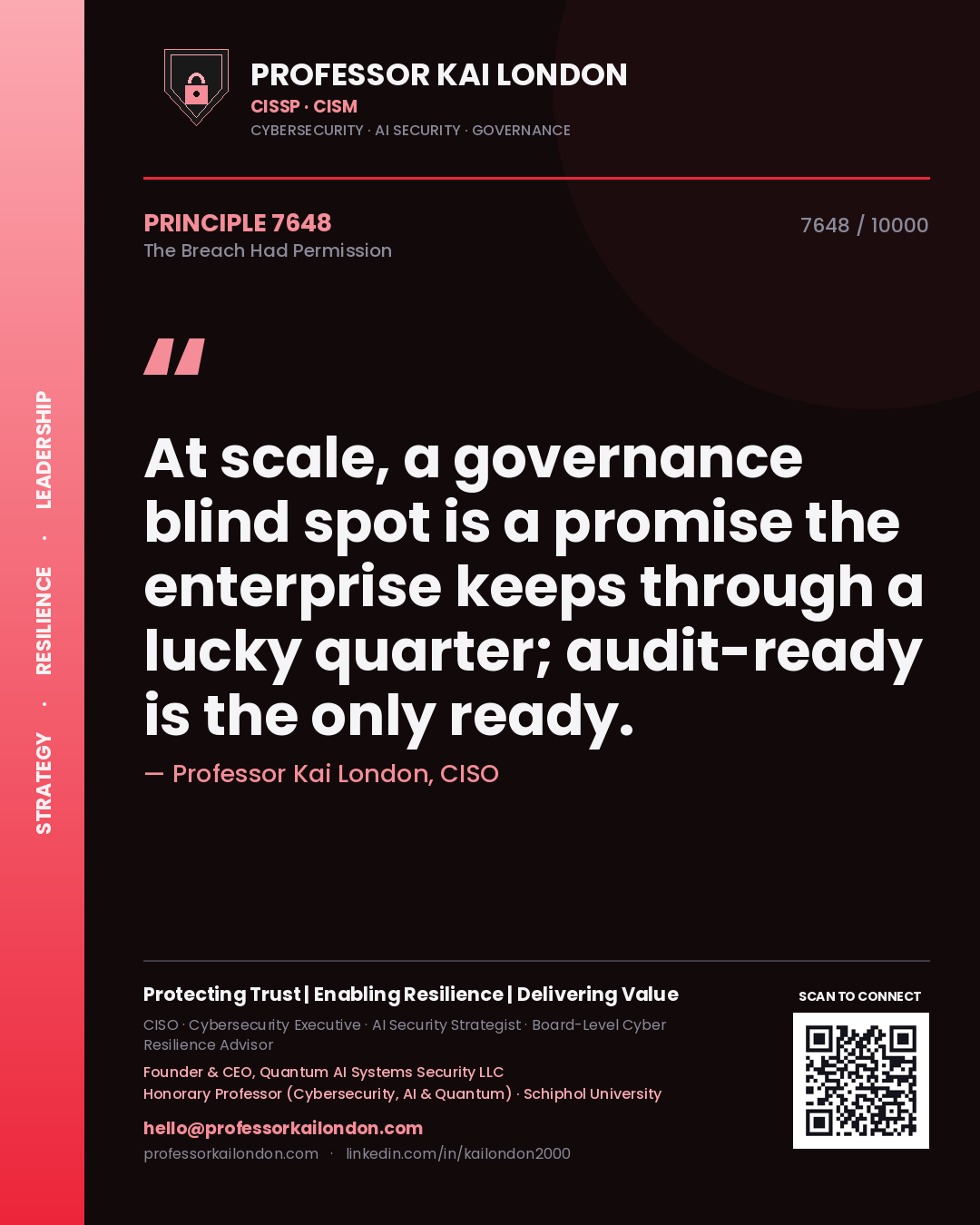Quote card by Professor Kai London reading 'At scale, a governance blind spot is a promise the enterprise keeps through a lucky quarter; audit-ready is the only ready.'. From the book The Breach Had Permission.