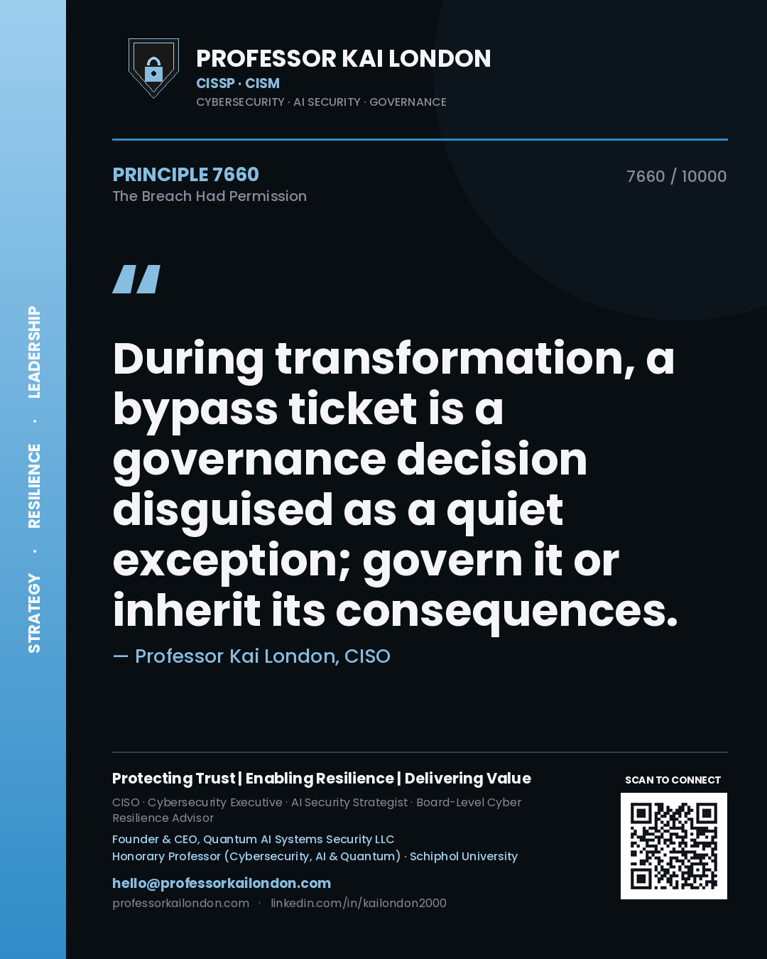 Quote card by Professor Kai London reading 'During transformation, a bypass ticket is a governance decision disguised as a quiet exception; govern it or inherit its consequences.'. From the book The Breach Had Permission.