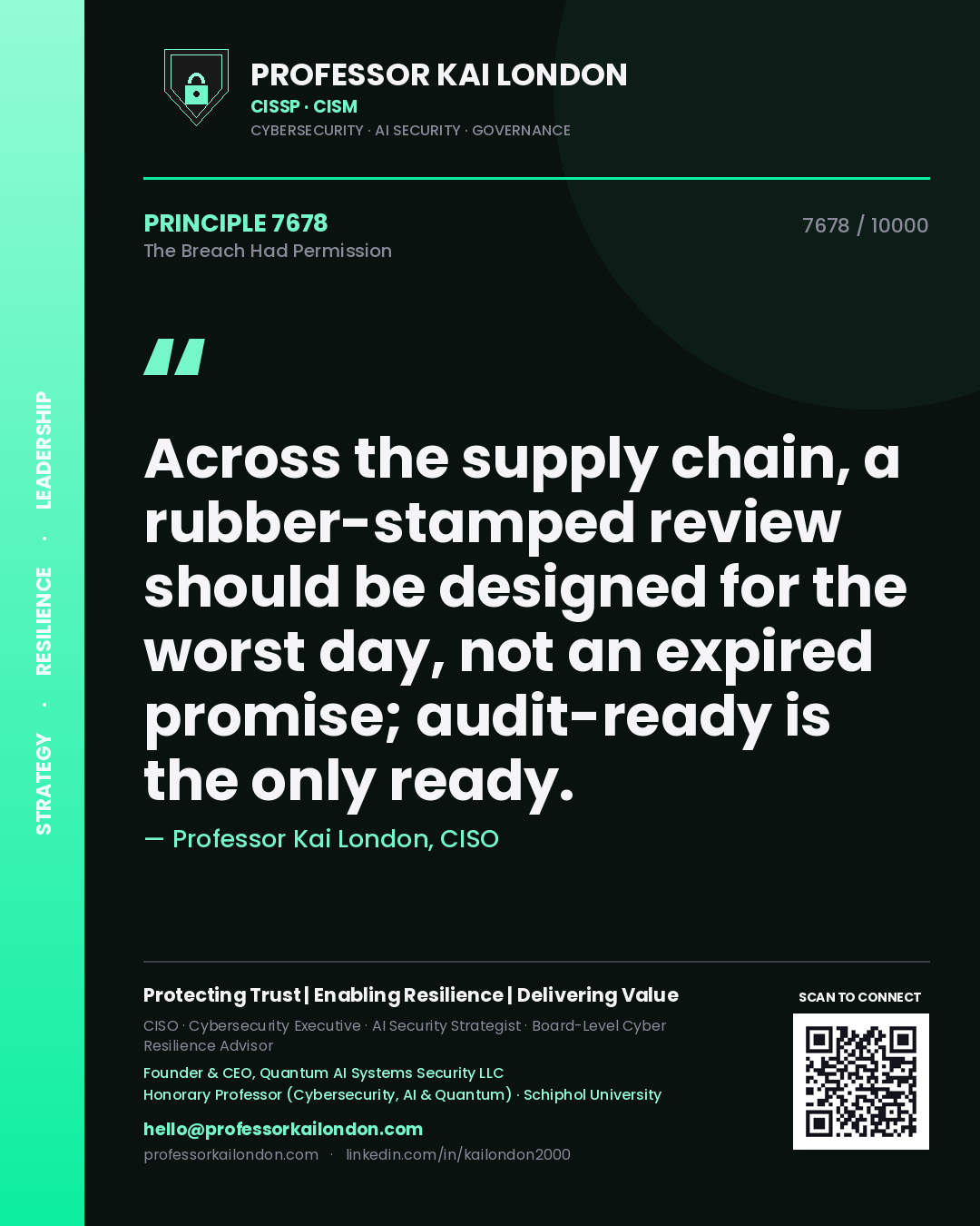 Professor Kai London principle 7678: Across the supply chain, a rubber-stamped review should be designed for the worst day, not an expired promise; audit-ready is the only ready.