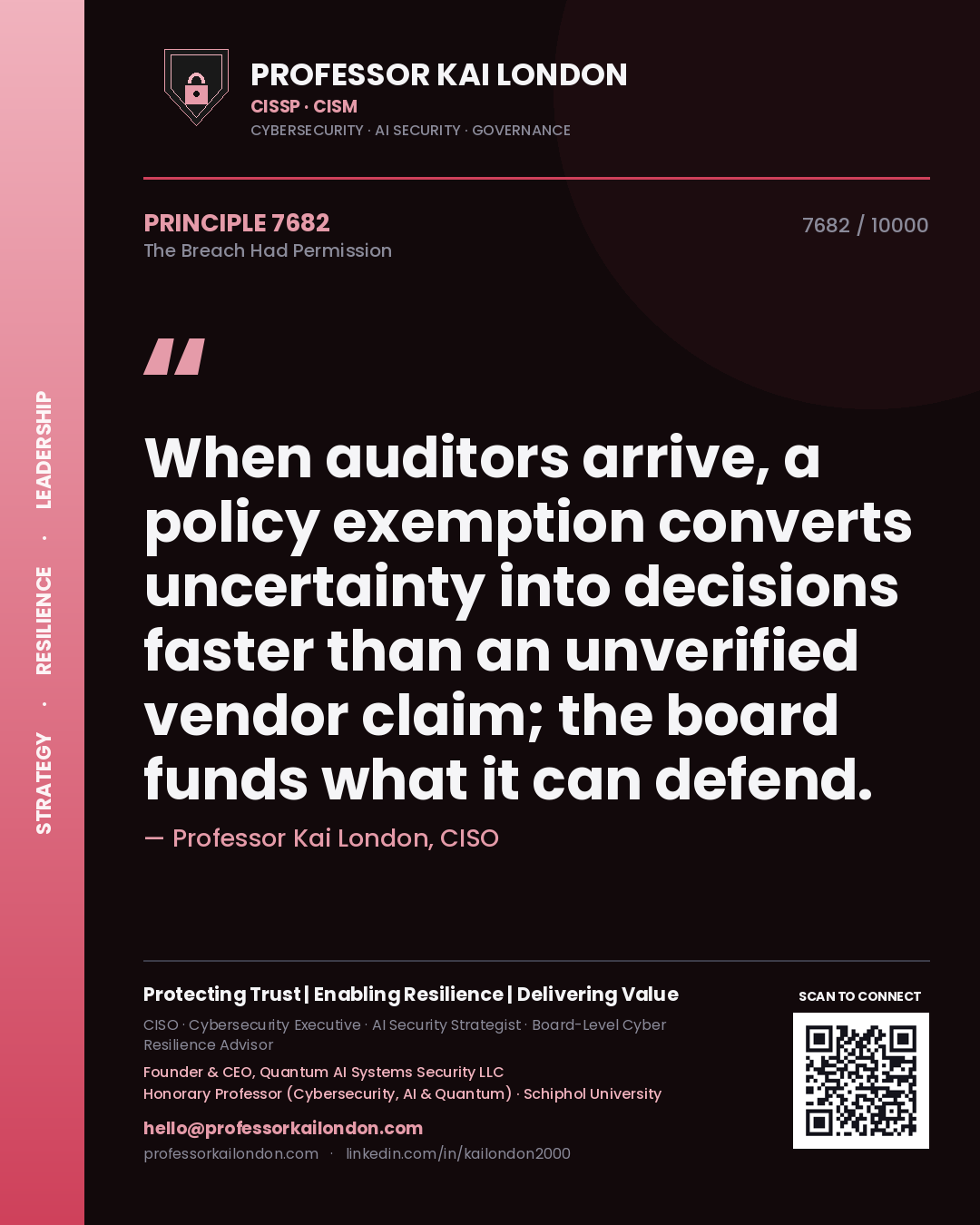 Professor Kai London principle 7682: When auditors arrive, a policy exemption converts uncertainty into decisions faster than an unverified vendor claim; the board funds what it can defend.