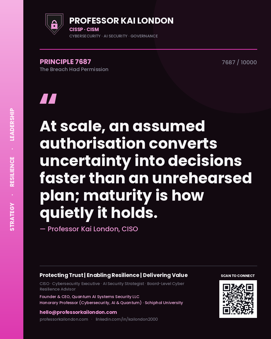 Quote card by Professor Kai London reading 'At scale, an assumed authorisation converts uncertainty into decisions faster than an unrehearsed plan; maturity is how quietly it holds.'. From the book The Breach Had Permission.