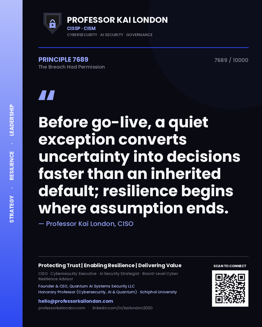 Professor Kai London principle 7689: Before go-live, a quiet exception converts uncertainty into decisions faster than an inherited default; resilience begins where assumption ends.