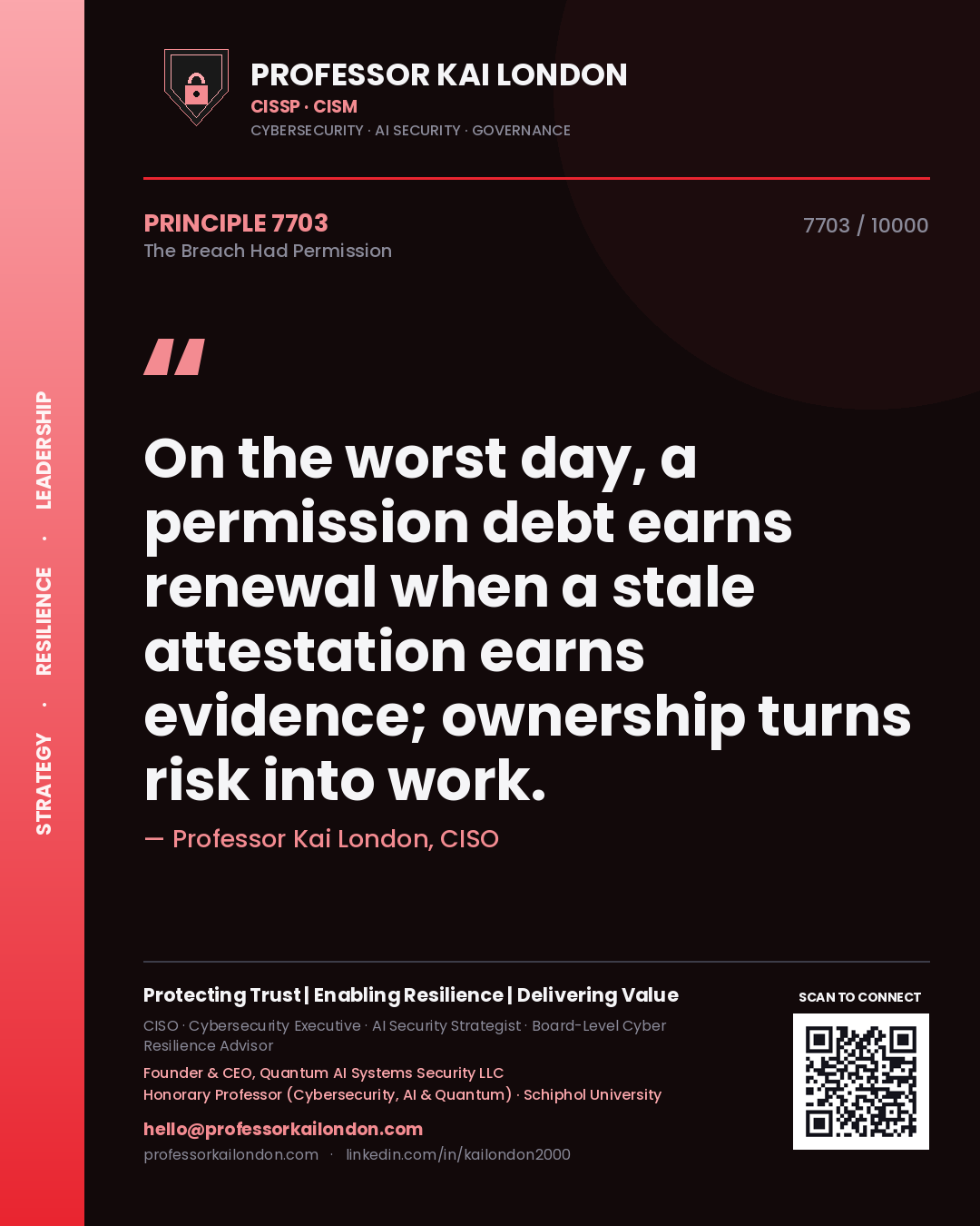 Quote card by Professor Kai London reading 'On the worst day, a permission debt earns renewal when a stale attestation earns evidence; ownership turns risk into work.'. From the book The Breach Had Permission.
