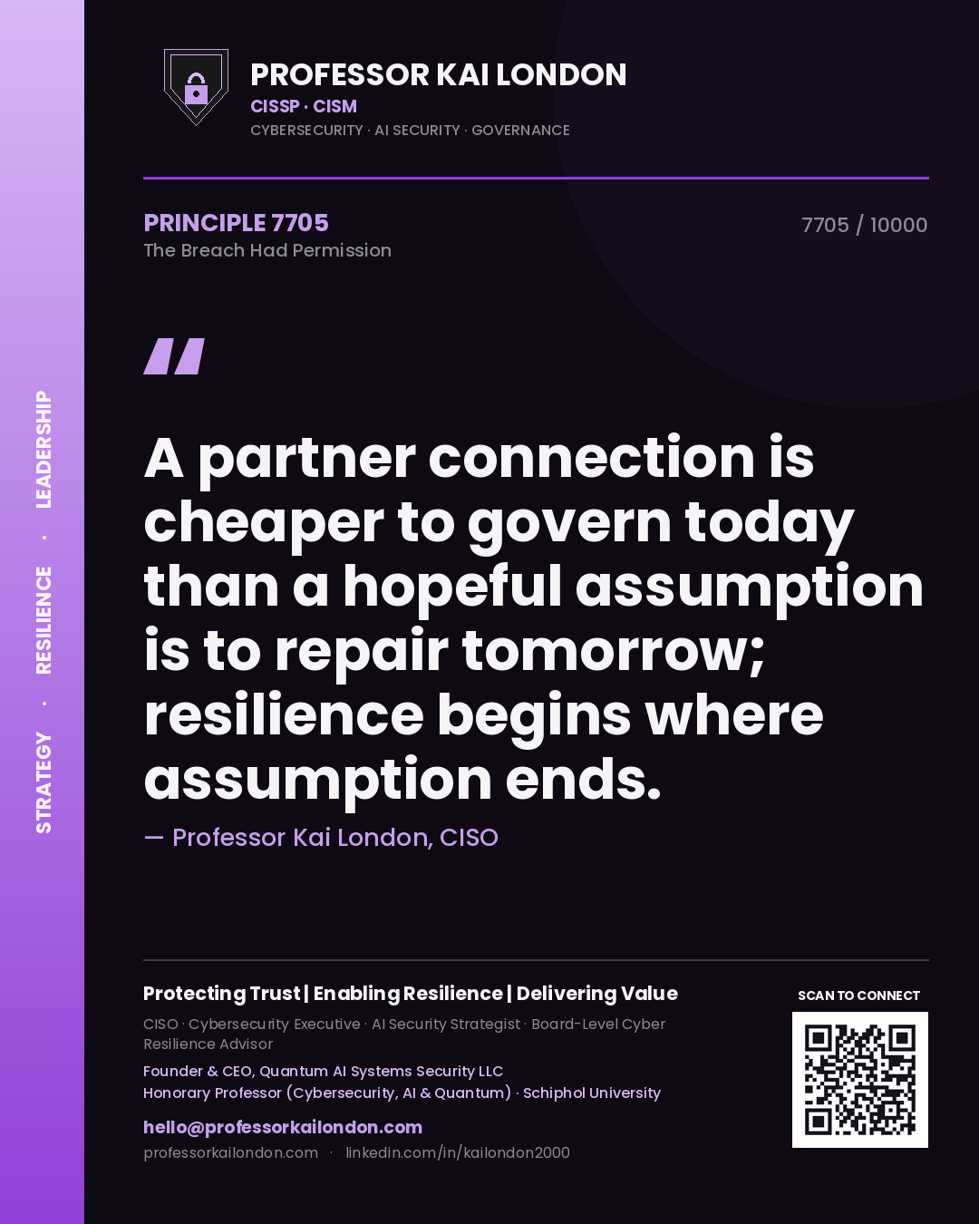 Quote card by Professor Kai London reading 'A partner connection is cheaper to govern today than a hopeful assumption is to repair tomorrow; resilience begins where assumption ends.'. From the book The Breach Had Permission.