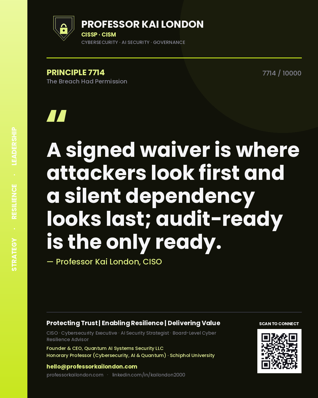 Quote card by Professor Kai London reading 'A signed waiver is where attackers look first and a silent dependency looks last; audit-ready is the only ready.'. From the book The Breach Had Permission.