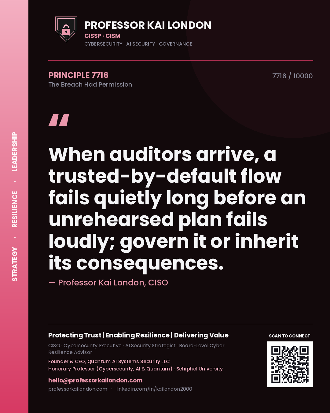 Professor Kai London principle 7716: When auditors arrive, a trusted-by-default flow fails quietly long before an unrehearsed plan fails loudly; govern it or inherit its consequences.