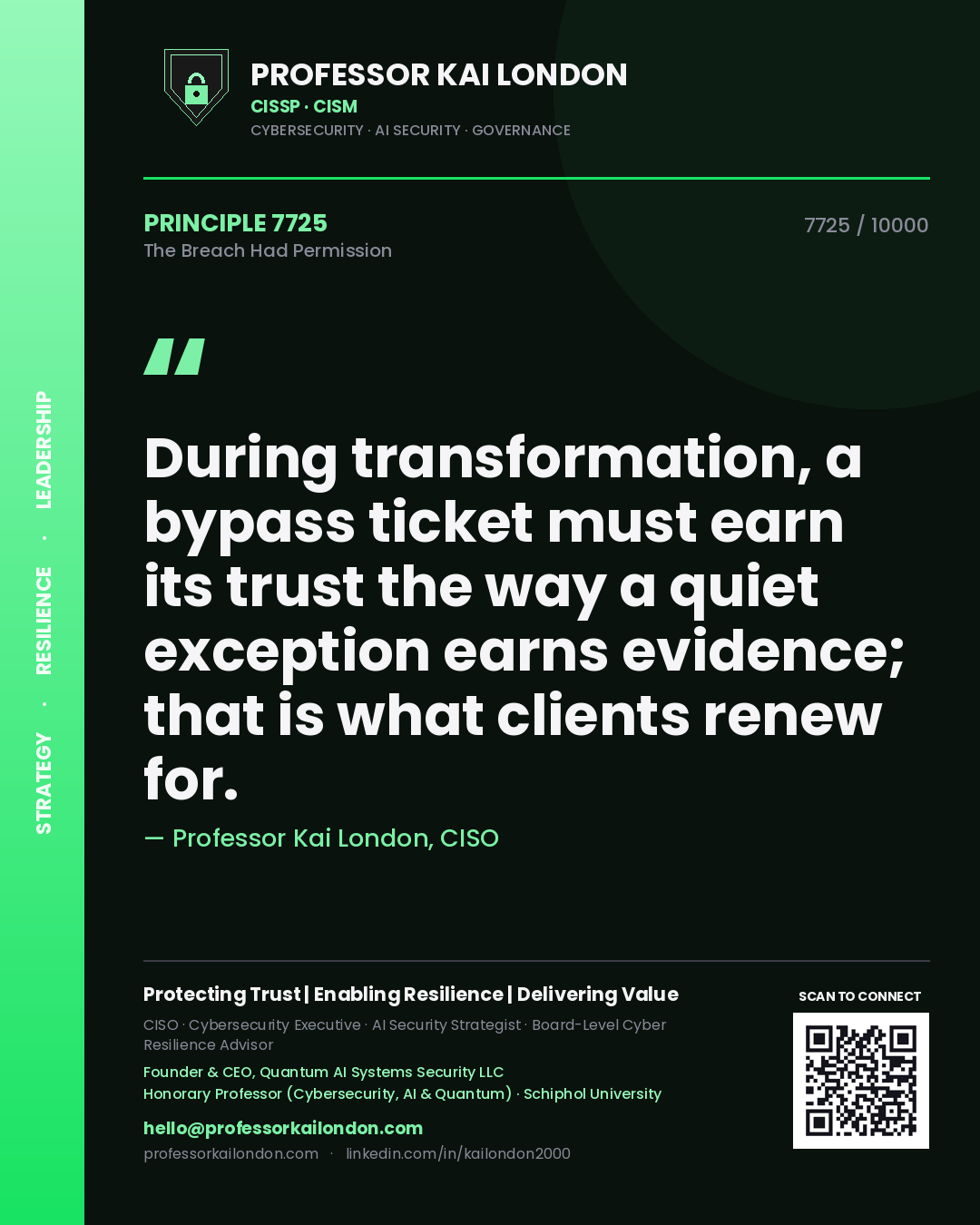 Professor Kai London principle 7725: During transformation, a bypass ticket must earn its trust the way a quiet exception earns evidence; that is what clients renew for.