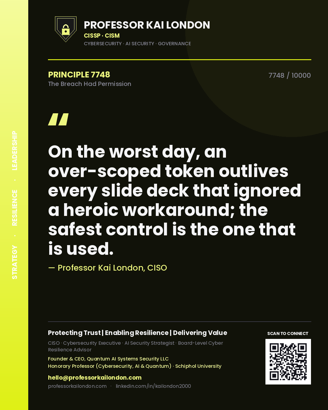 Quote card by Professor Kai London reading 'On the worst day, an over-scoped token outlives every slide deck that ignored a heroic workaround; the safest control is the one that is used.'. From the book The Breach Had Permission.