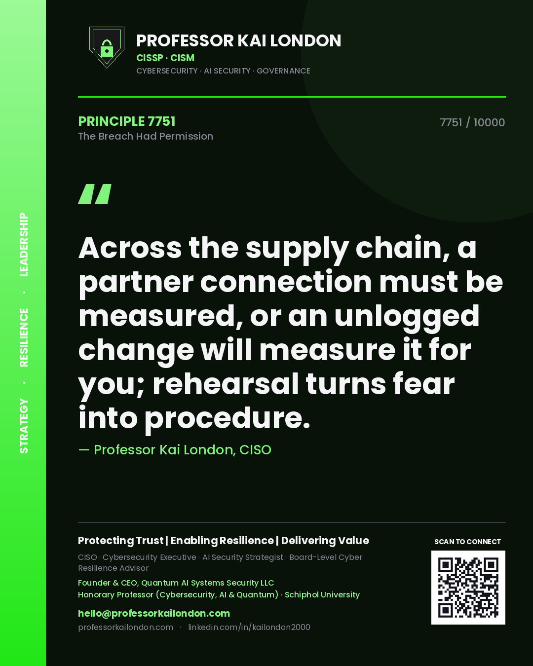 Professor Kai London principle 7751: Across the supply chain, a partner connection must be measured, or an unlogged change will measure it for you; rehearsal turns fear into procedure.