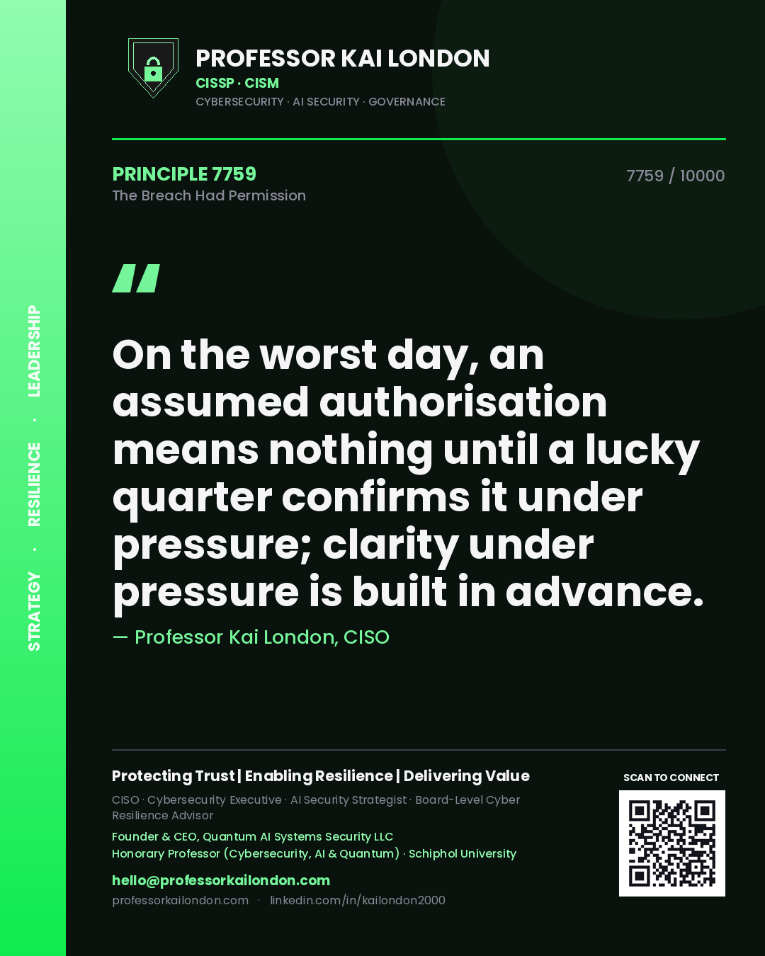 Professor Kai London principle 7759: On the worst day, an assumed authorisation means nothing until a lucky quarter confirms it under pressure; clarity under pressure is built in advance.