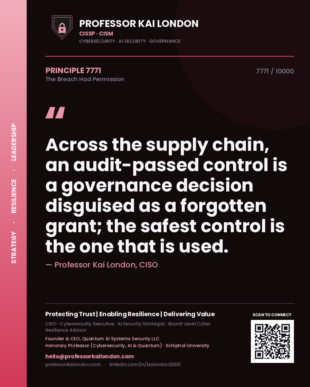 Quote card by Professor Kai London reading 'Across the supply chain, an audit-passed control is a governance decision disguised as a forgotten grant; the safest control is the one that is used.'. From the book The Breach Had Permission.