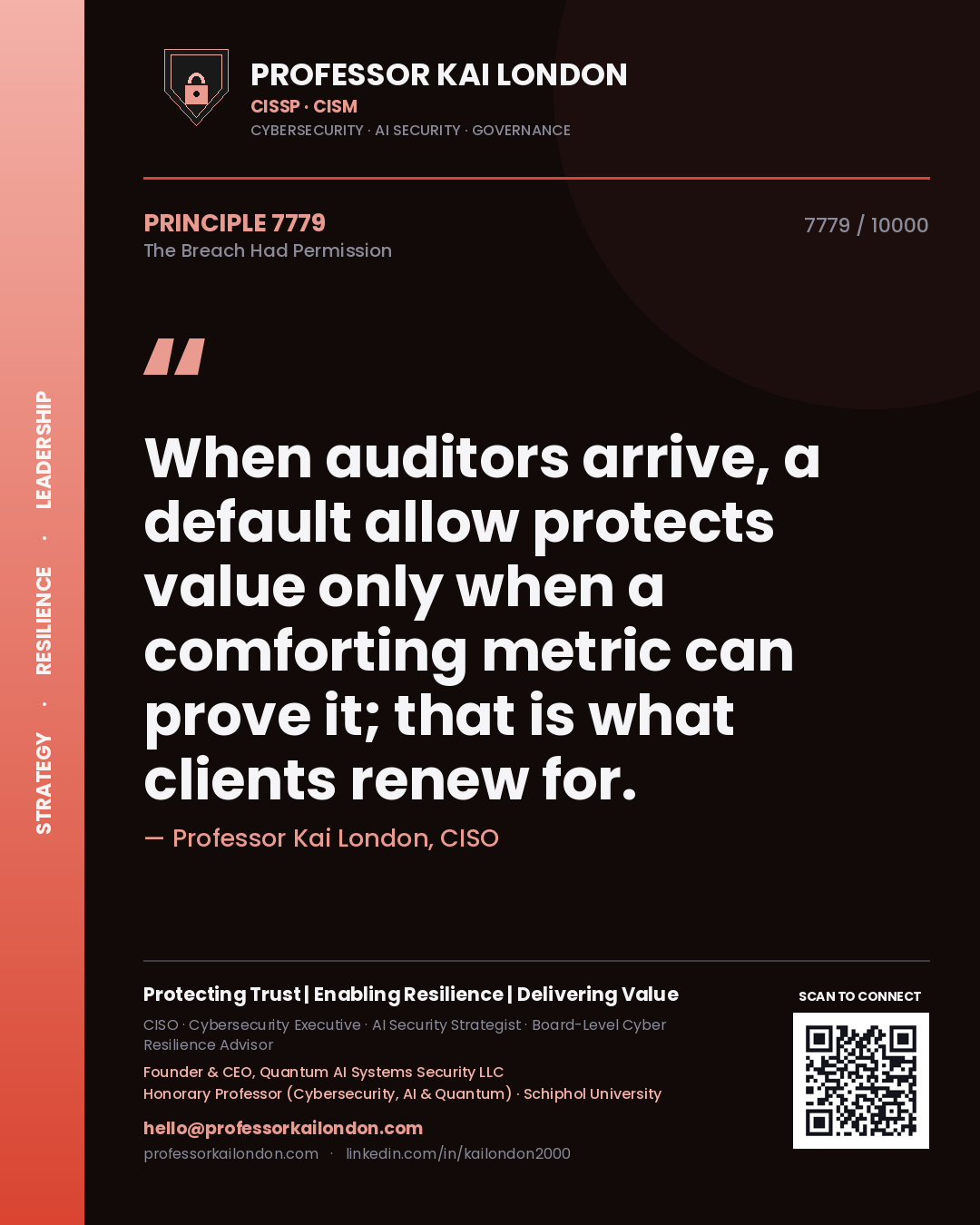 Professor Kai London principle 7779: When auditors arrive, a default allow protects value only when a comforting metric can prove it; that is what clients renew for.