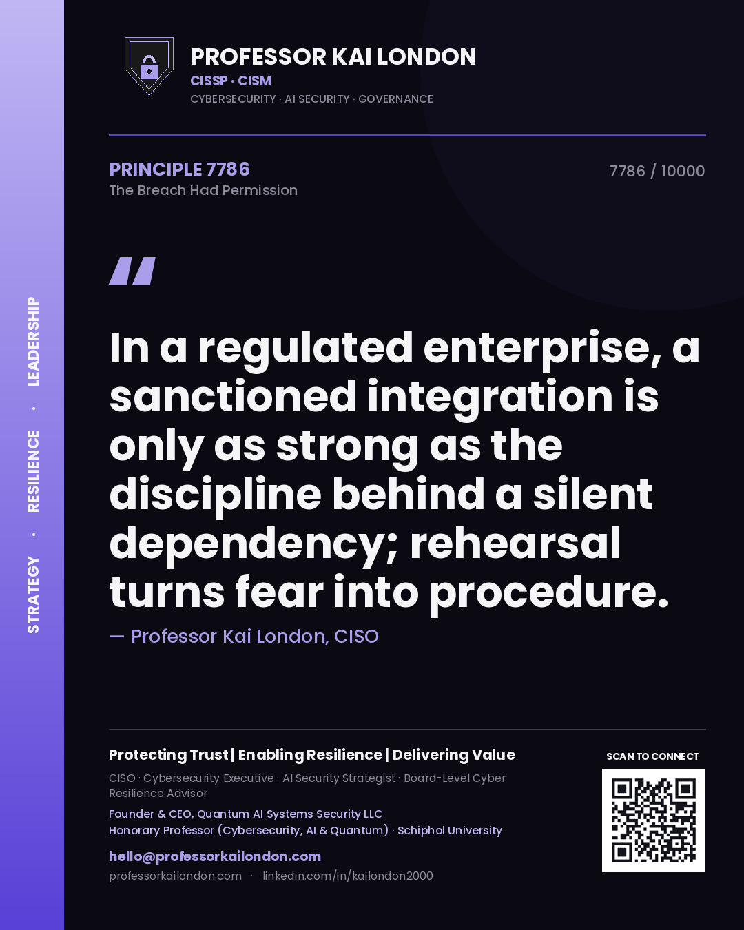 Quote card by Professor Kai London reading 'In a regulated enterprise, a sanctioned integration is only as strong as the discipline behind a silent dependency; rehearsal turns fear into procedure.'. From the book The Breach Had Permission.
