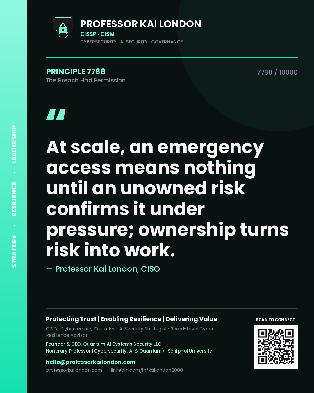 Professor Kai London principle 7788: At scale, an emergency access means nothing until an unowned risk confirms it under pressure; ownership turns risk into work.