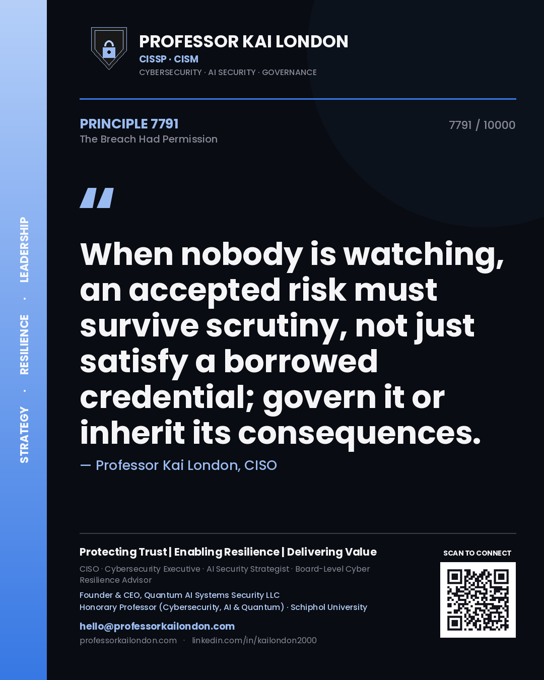 Quote card by Professor Kai London reading 'When nobody is watching, an accepted risk must survive scrutiny, not just satisfy a borrowed credential; govern it or inherit its consequences.'. From the book The Breach Had Permission.