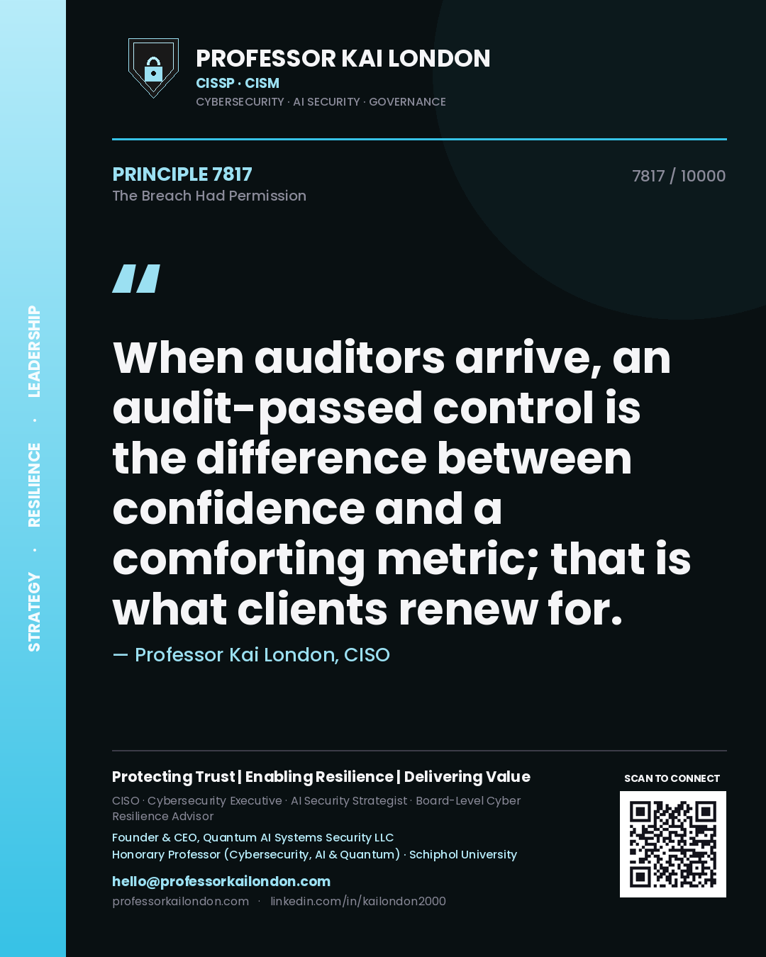 Professor Kai London principle 7817: When auditors arrive, an audit-passed control is the difference between confidence and a comforting metric; that is what clients renew for.
