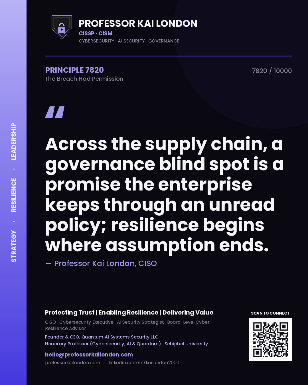 Quote card by Professor Kai London reading 'Across the supply chain, a governance blind spot is a promise the enterprise keeps through an unread policy; resilience begins where assumption ends.'. From the book The Breach Had Permission.