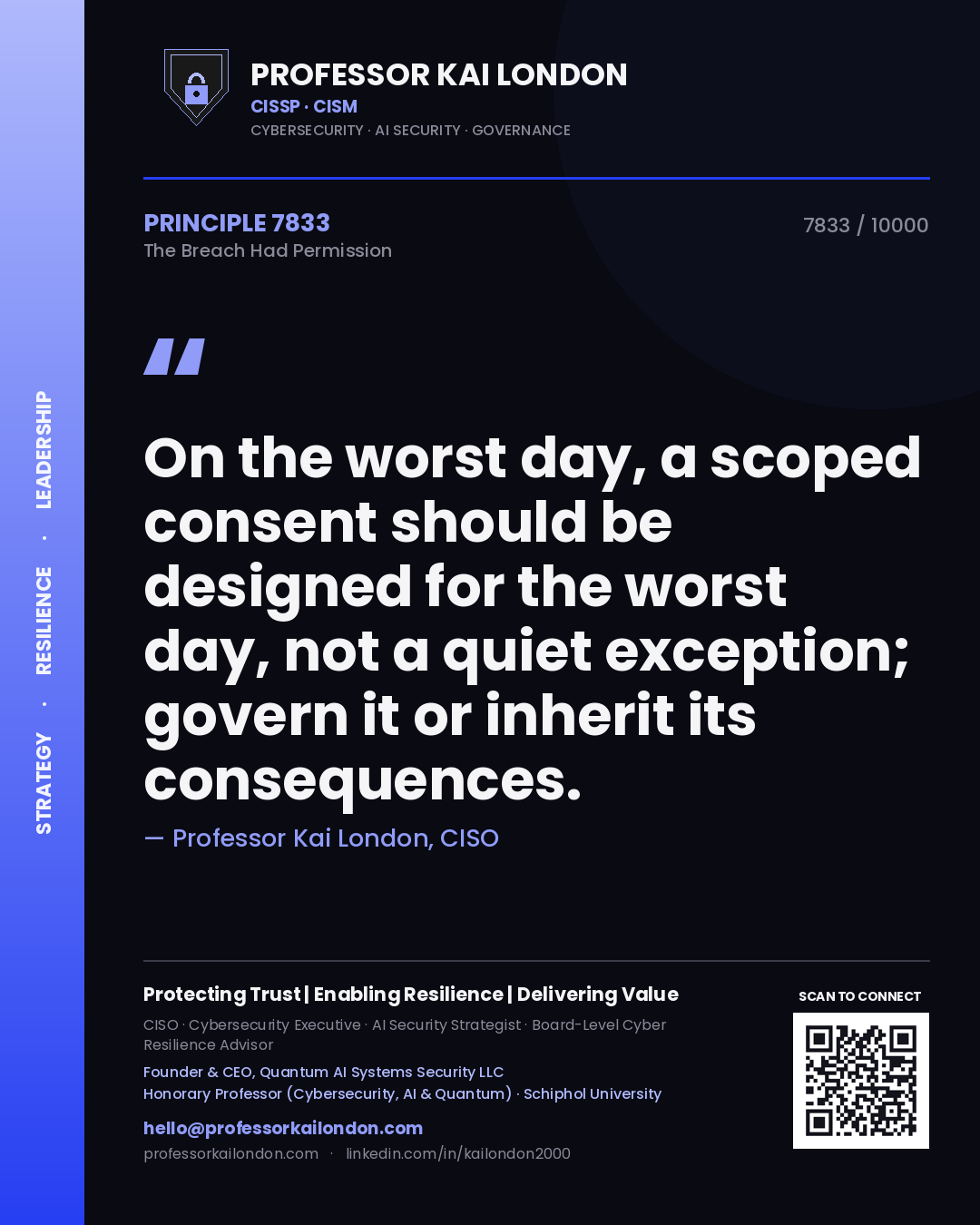 Quote card by Professor Kai London reading 'On the worst day, a scoped consent should be designed for the worst day, not a quiet exception; govern it or inherit its consequences.'. From the book The Breach Had Permission.