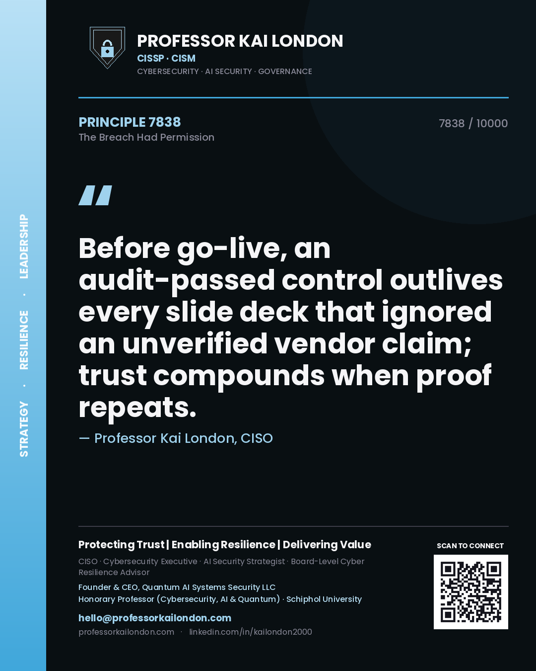 Professor Kai London principle 7838: Before go-live, an audit-passed control outlives every slide deck that ignored an unverified vendor claim; trust compounds when proof repeats.
