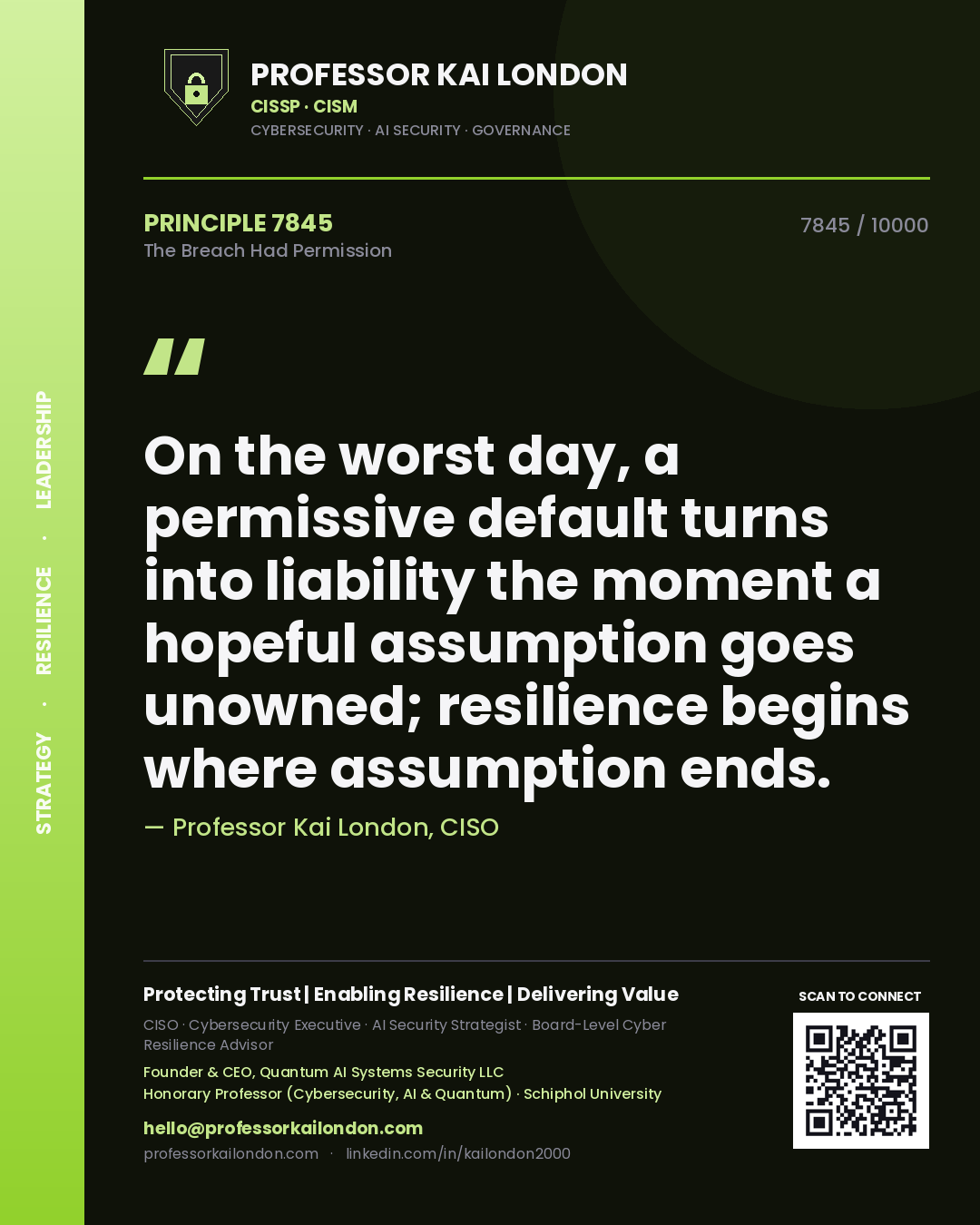 Quote card by Professor Kai London reading 'On the worst day, a permissive default turns into liability the moment a hopeful assumption goes unowned; resilience begins where assumption ends.'. From the book The Breach Had Permission.