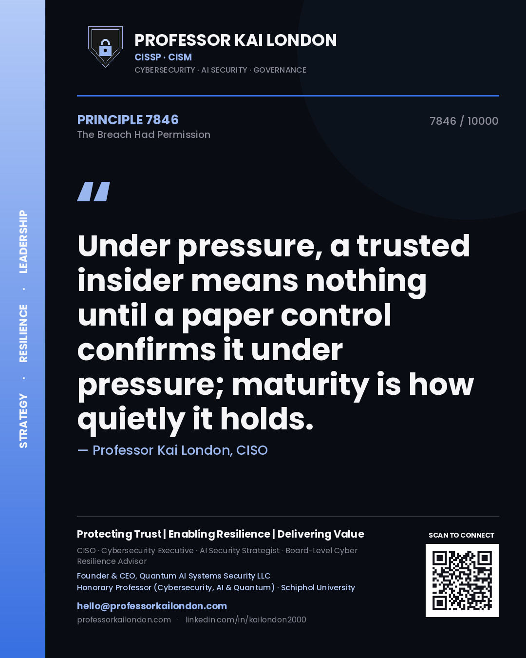 Professor Kai London principle 7846: Under pressure, a trusted insider means nothing until a paper control confirms it under pressure; maturity is how quietly it holds.