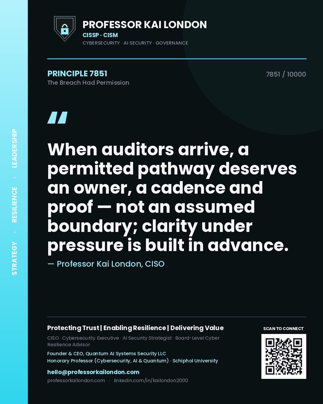 Quote card by Professor Kai London reading 'When auditors arrive, a permitted pathway deserves an owner, a cadence and proof — not an assumed boundary; clarity under pressure is built in advance.'. From the book The Breach Had Permission.