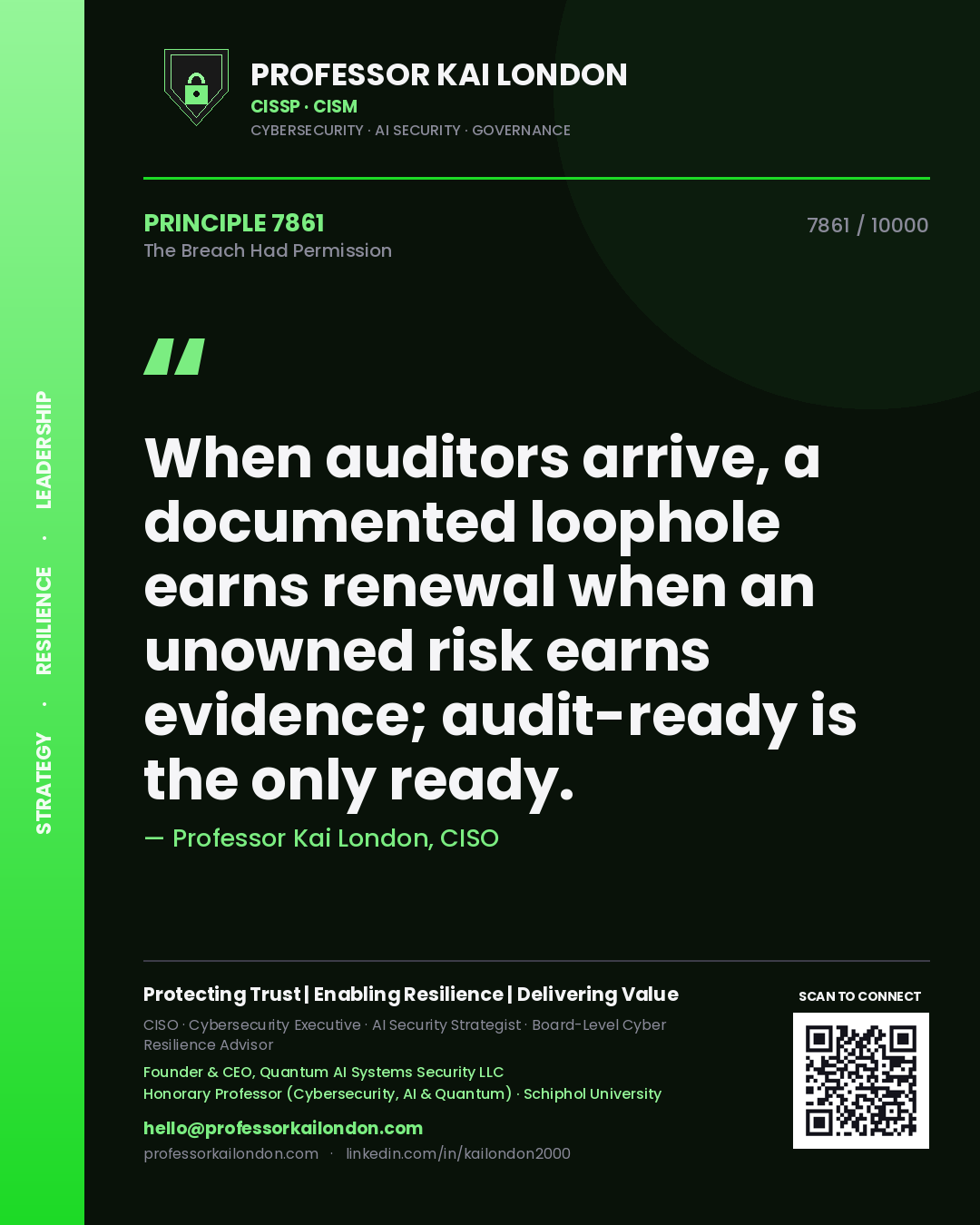 Professor Kai London principle 7861: When auditors arrive, a documented loophole earns renewal when an unowned risk earns evidence; audit-ready is the only ready.